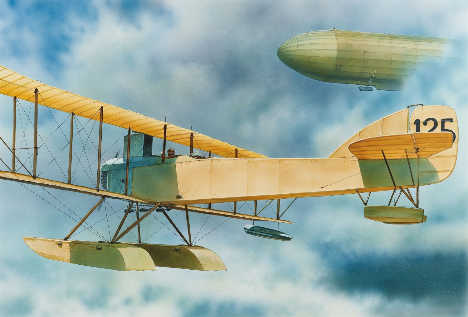 Flight Commander E.T. Hewlett, flying a Type 135 seaplane, encounters a Zeppelin during the December 1914 Cuxhaven raid