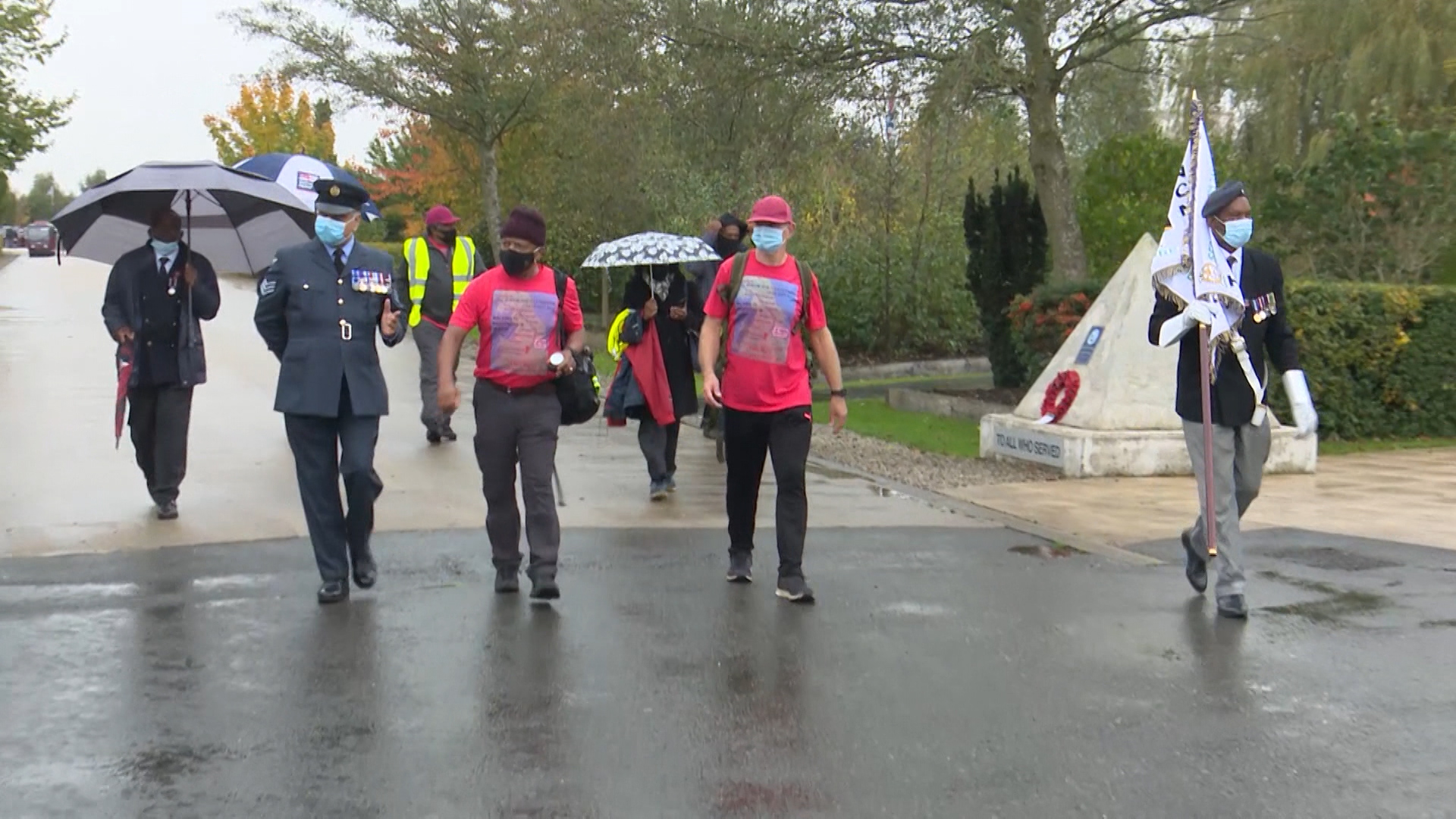 Flight Lieutenant Wayne Howell and Flight Sergeant Stephen Disney complete three hundred mile walk from Scotland to National Memorial Arboretum.