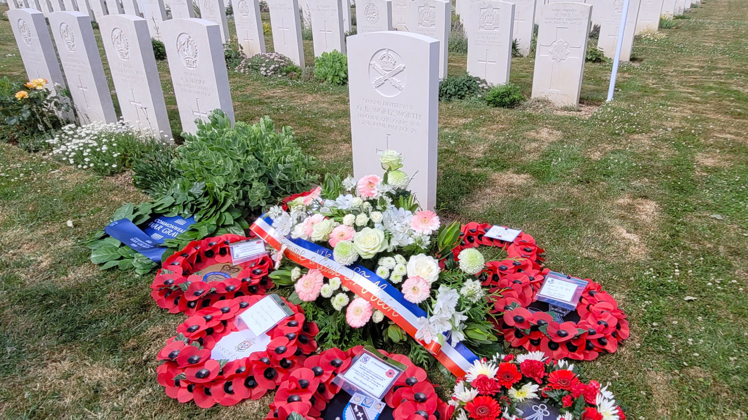 Floral tributes at the grave of 2nd Lt Wordsworth CREDIT Crown Copyright / J.Teasdale