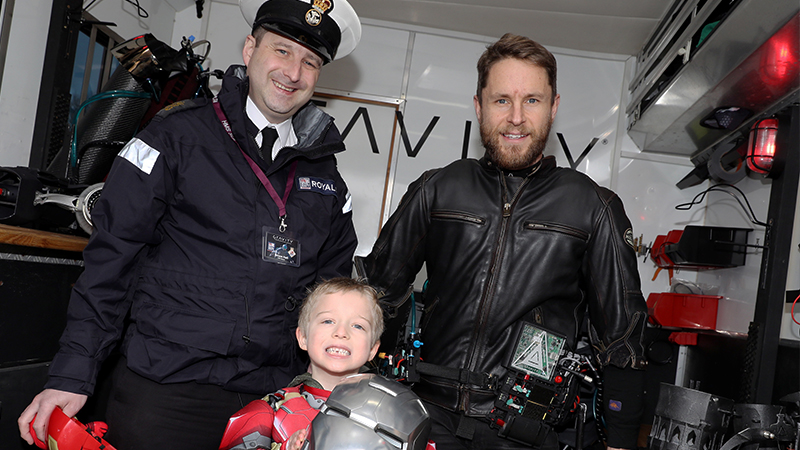 Former Royal Marines Reservist turned jet suit inventor Richard Browning meets Bailey Hall CREDIT Royal Navy