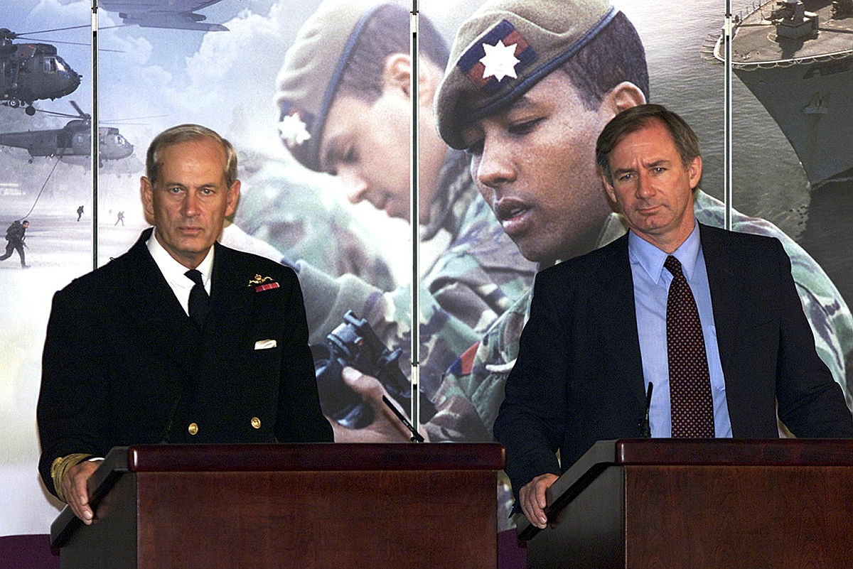Former Secretary of State for Defence, Geoff Hoon Former Chief of Defence Staff, Admiral Lord Michael Boyce press conference on Afghanistan 2001 Picture Crown Copyright