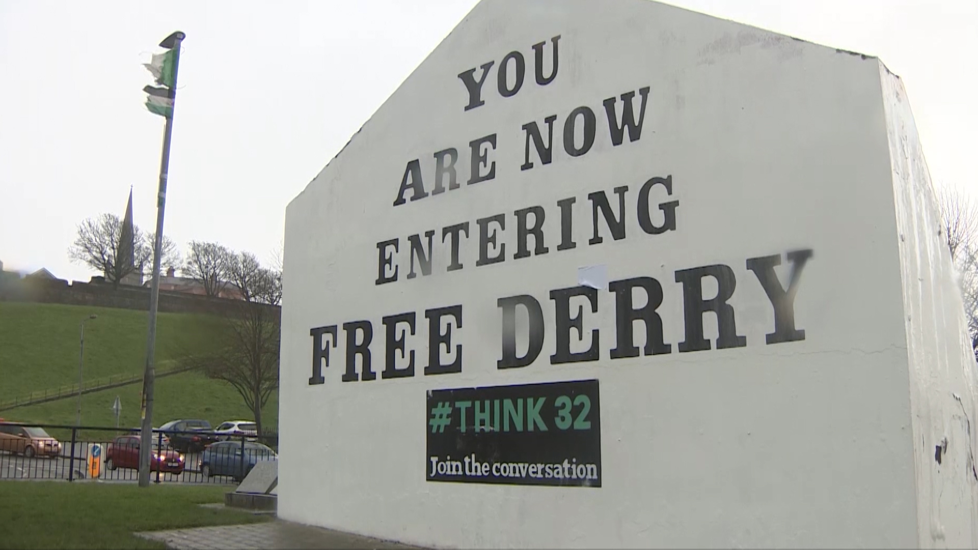 Free Derry sign on stone slab in Londonderry.
