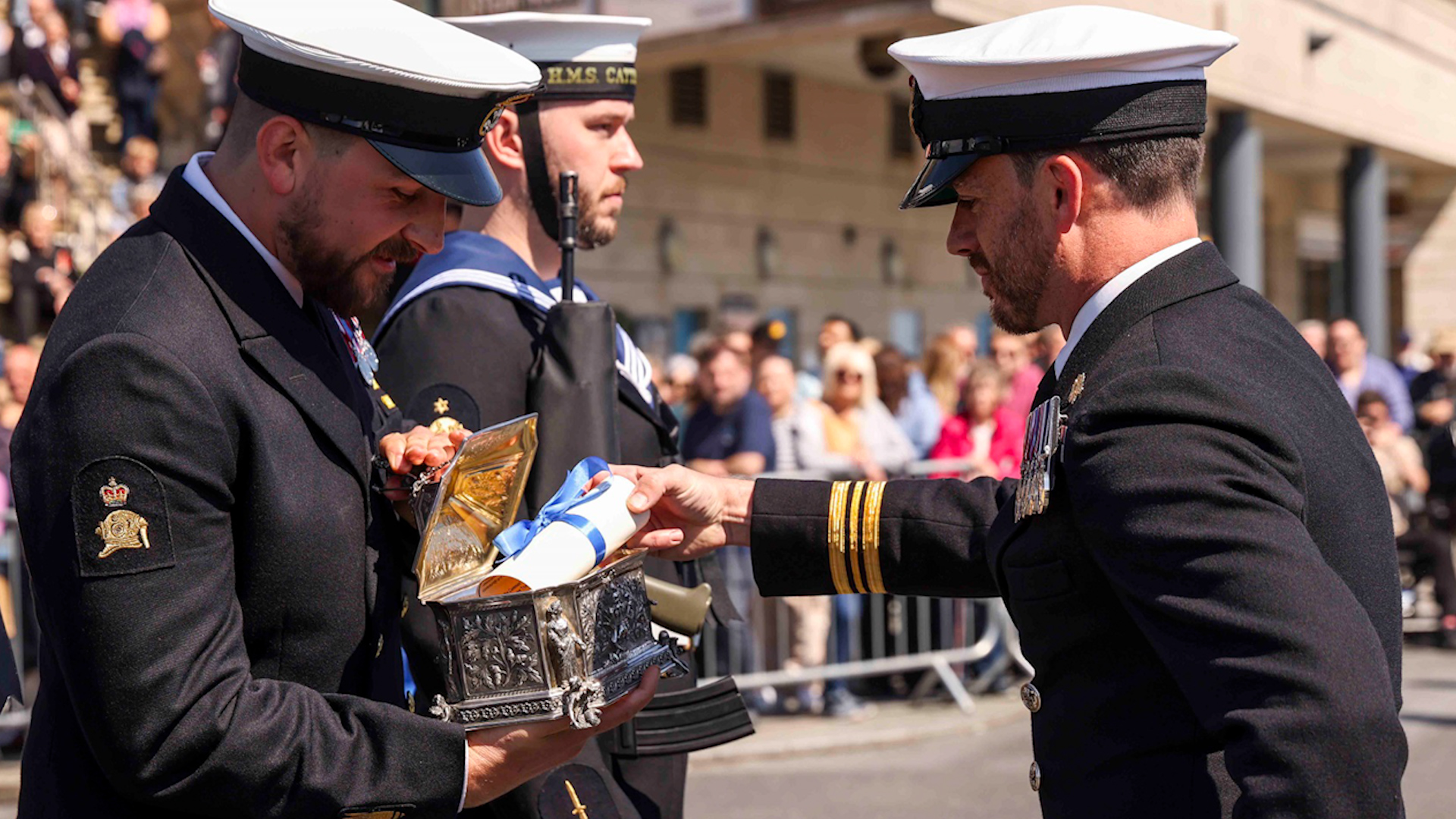 Freedom Scroll received by HMS Cattistock’s Freedom of the Borough of Poole parade 04052024 CREDIT Royal Navy