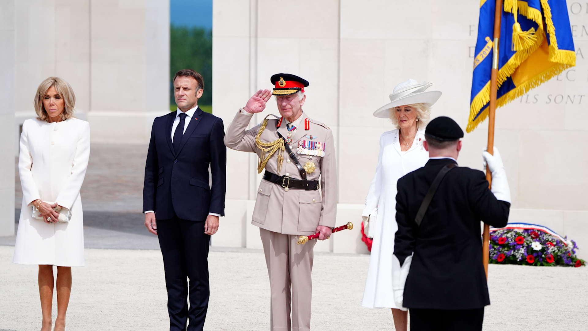 French President Emmanuel Macron with Brigitte and King Charles and Queen Camilla D-Day 80 British Normandy Memorial in Ver-sur-Mer