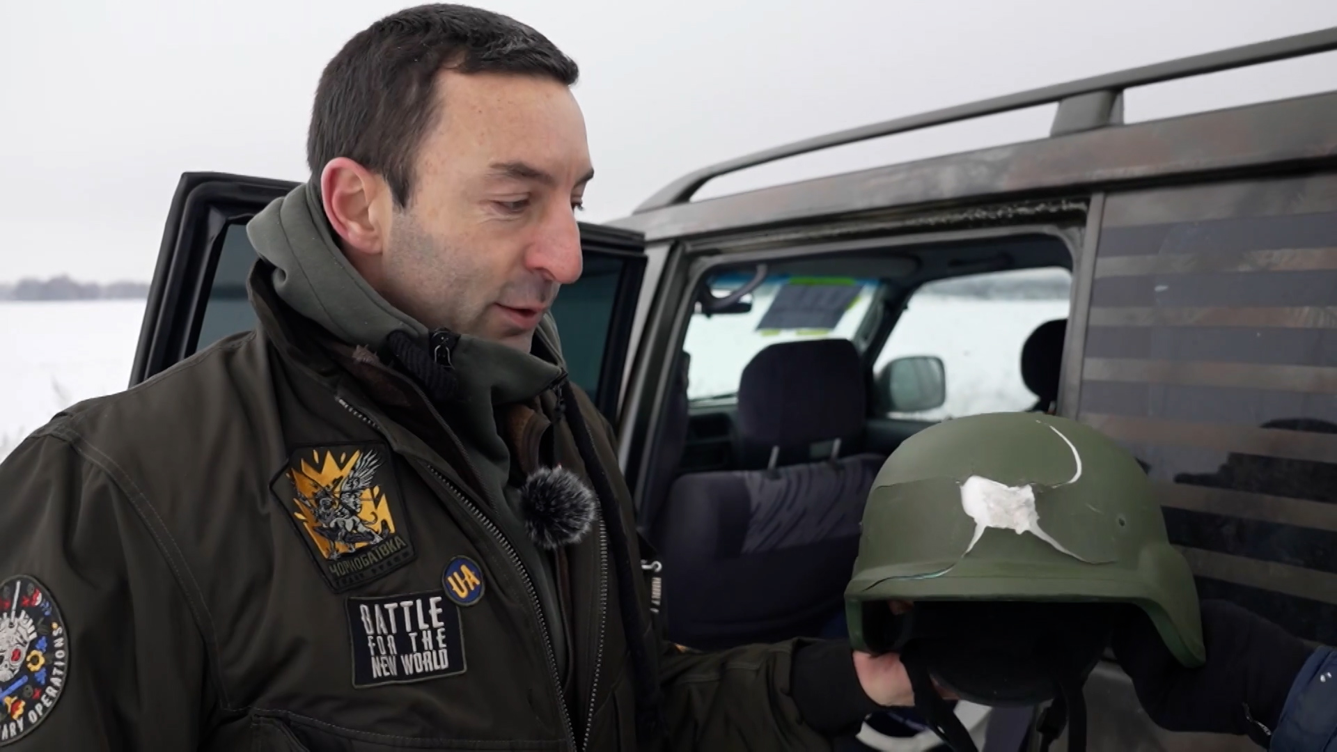 French YouTuber Xavier Tytelman  helmet he supplied to a French-speaking volunteer 12122023 CREDIT BFBS
