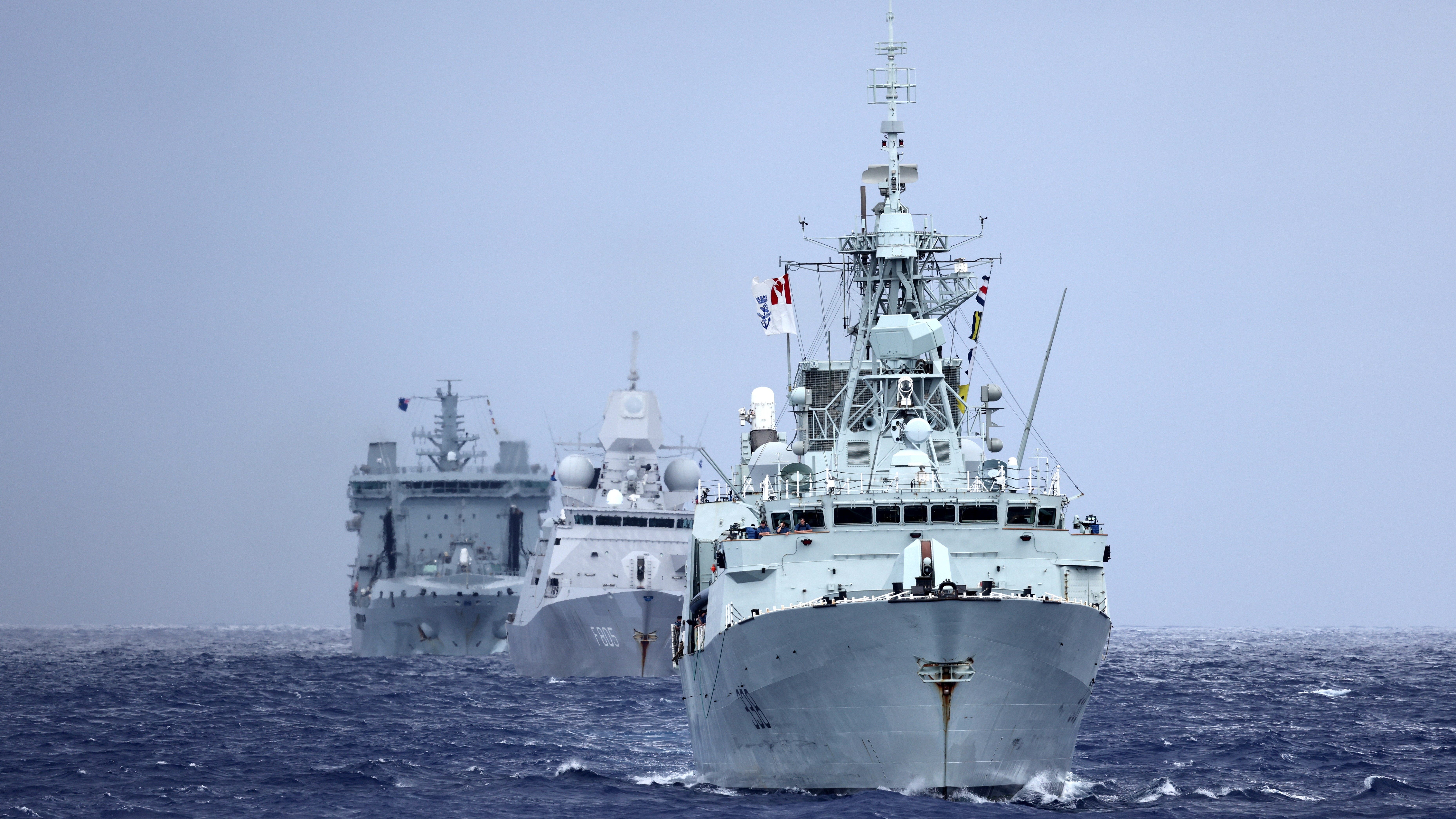 From front to back are HMCS Winnipeg, HNLMS Evertsen and RFA Tidespring in formation 09092021 Credit MOD Crown Copyright.jpg