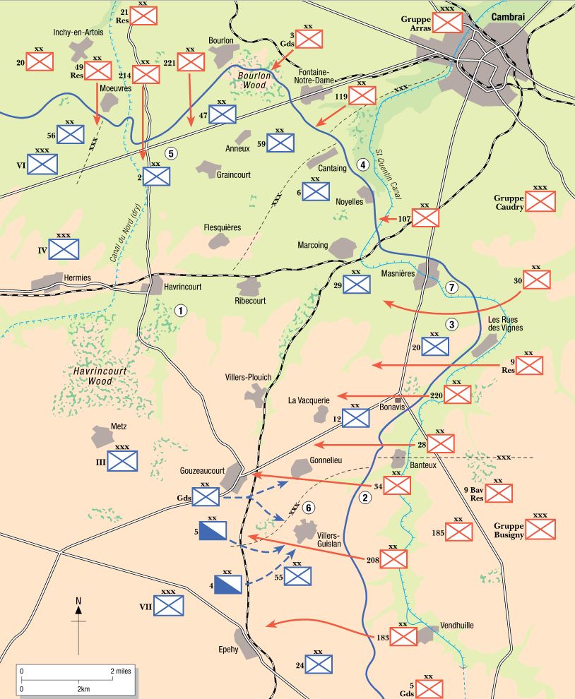 Map showing British advances and German coutnerattacks made during the Battle of Cambrai 1917