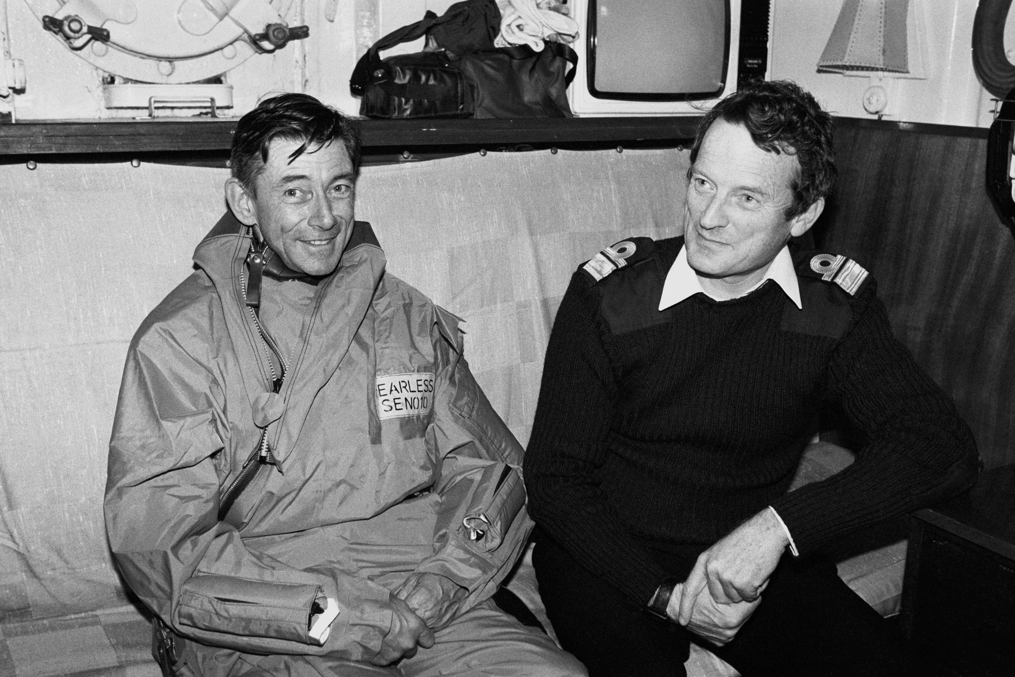 The Task Force commanders together aboard the flagship, HMS Hermes, during the Falklands campaign. Left is Major-General Jeremy Moore, commander of the Falkland Islands Land Forces, and right is Rear Admiral Sandy Woodward, overall commander of the Task Force.