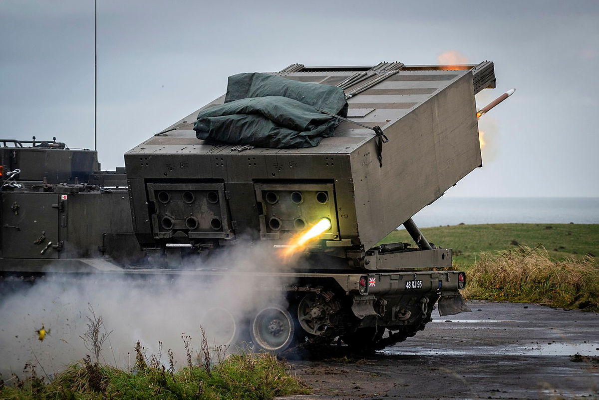 A Guided Multiple Launch Rocket System shown in use by 101 Regiment, Royal Artillery