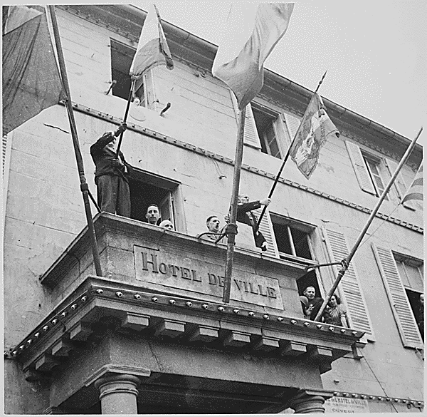 General Charles de Gaulle giving a speech in Cherbourg in 1944