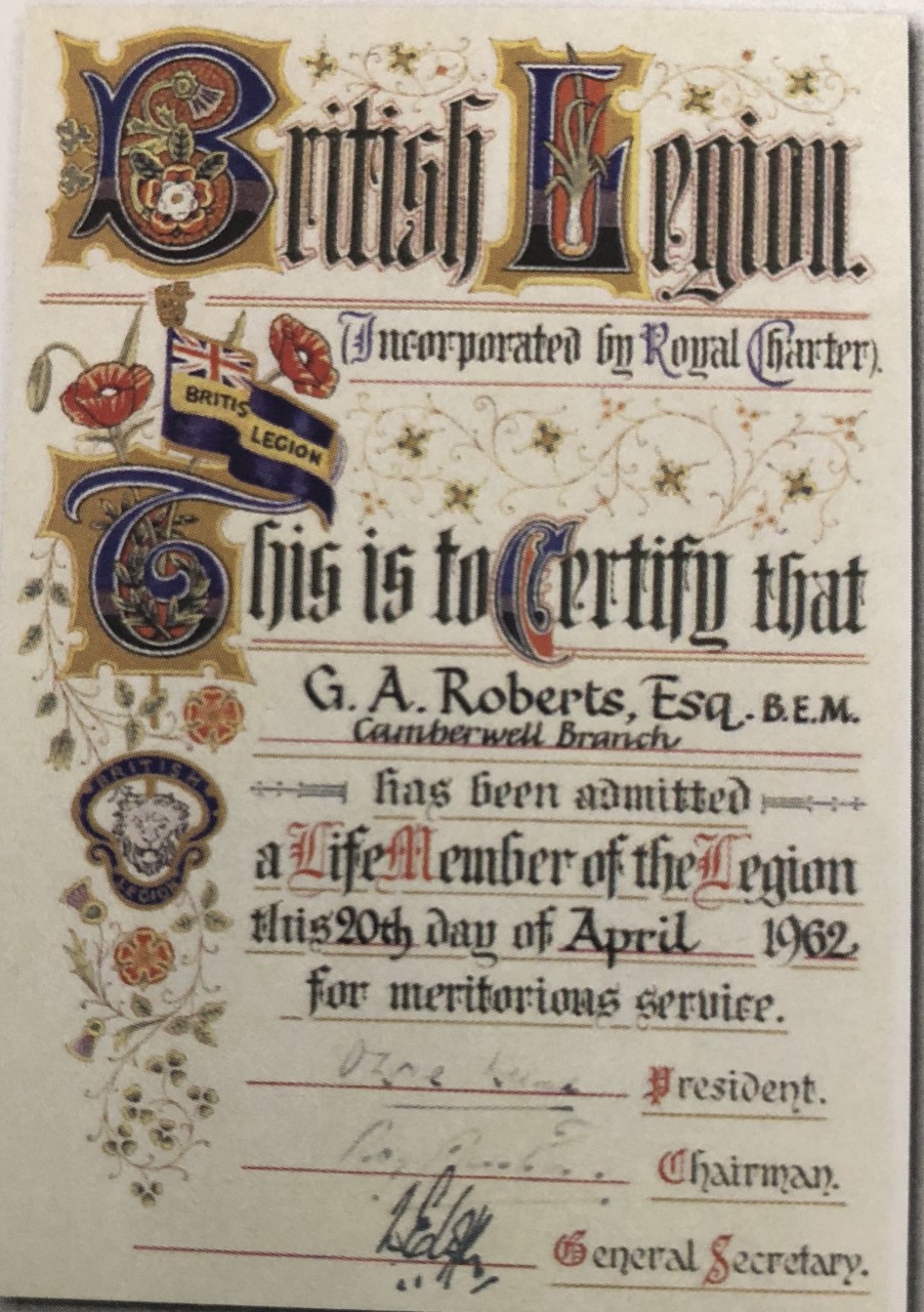 George Arthur Roberts British Legion Certificate 20.04.62 Credit George's Great Granddaughter Samantha Harding