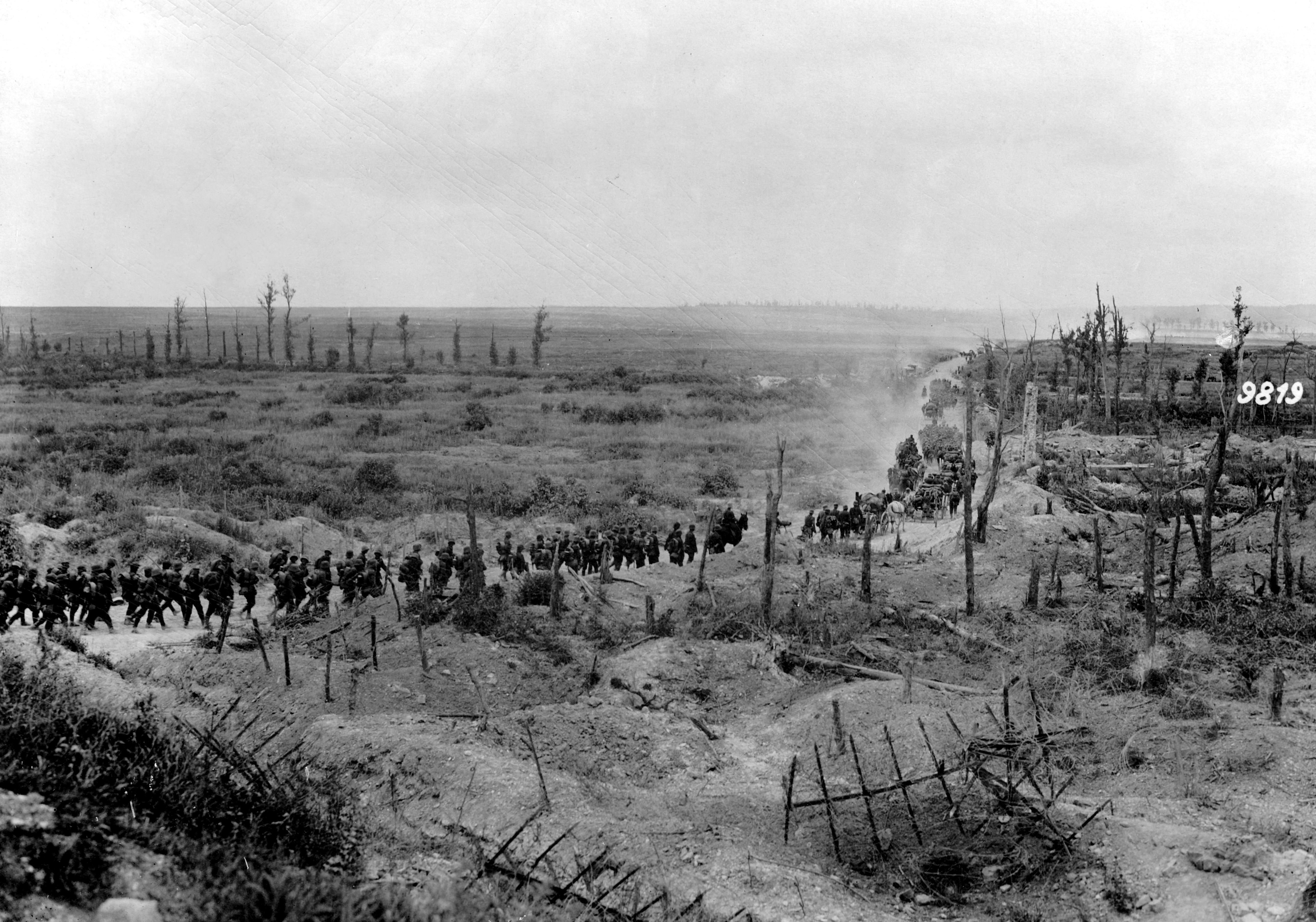 German infantry troops march through conquered territory along the Western Front WW1 World War One First World War WWI 01011917 CREDIT PA