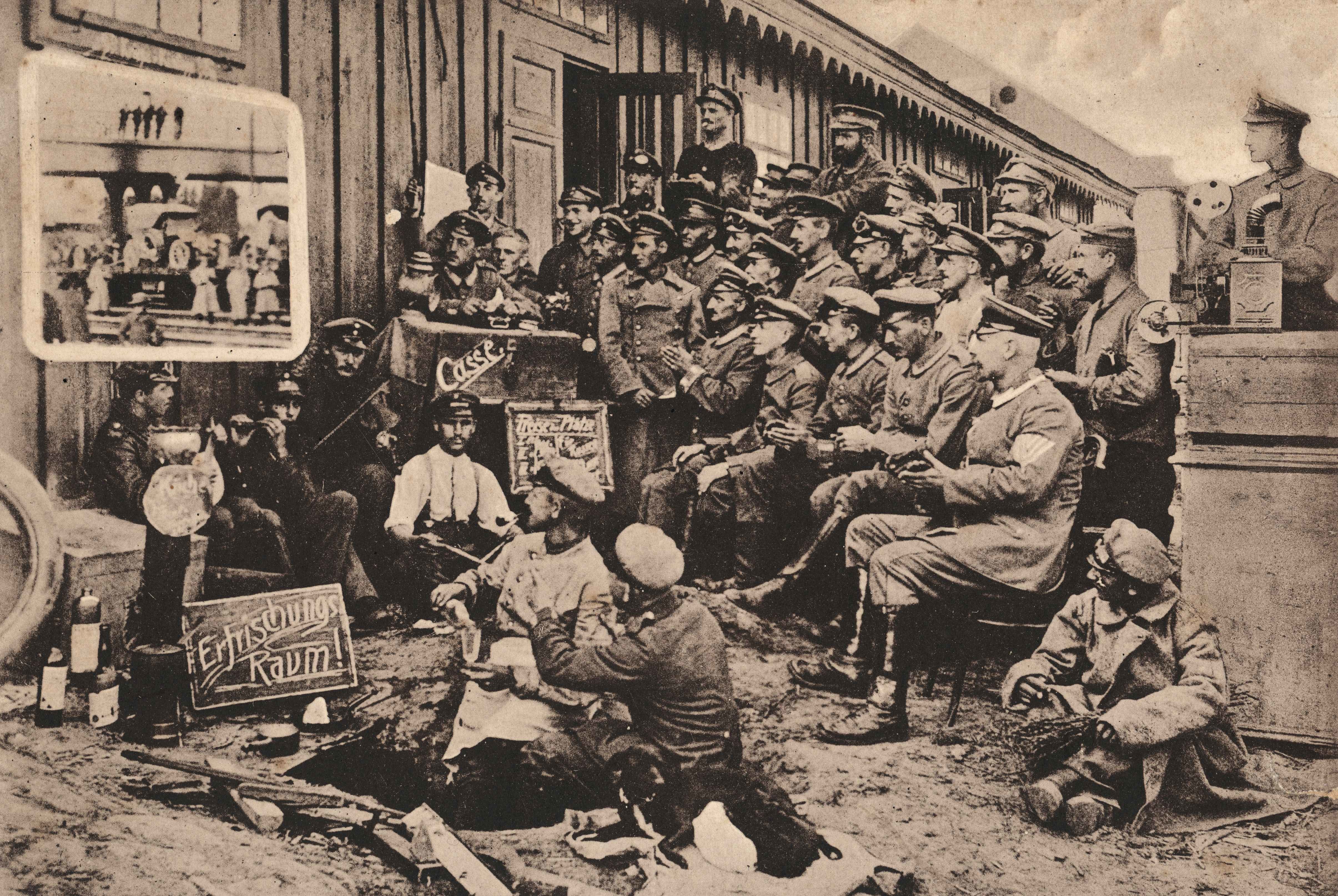 German soldiers watch a movie at the a cinema in the billet at the Western Front in 1914 CREDIT Stefan Sauer - PA