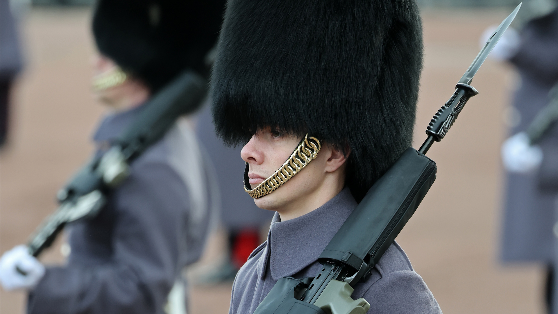 Guard of Honour formed of 1st Battalion Welsh Guards at Buckingham Palace