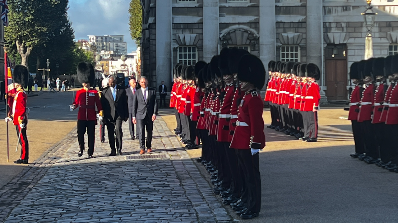 A British Army Guard of Honour in Greenwich welcomed officials from the US and Australia for the first UK-hosted AUKUS meeting