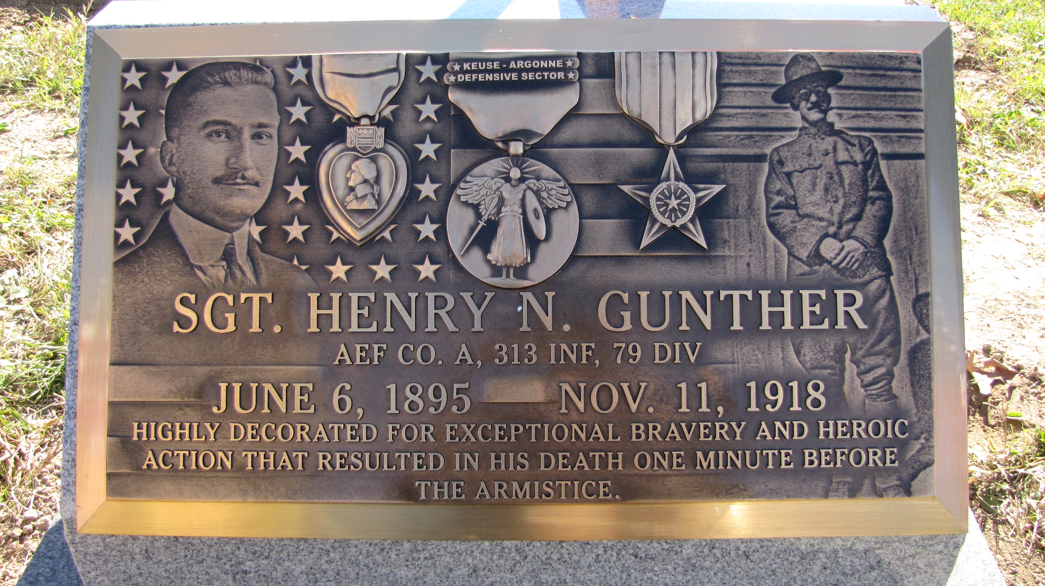 A plaque commemorating Sergeant Gunther, the last American killed in World War 1
