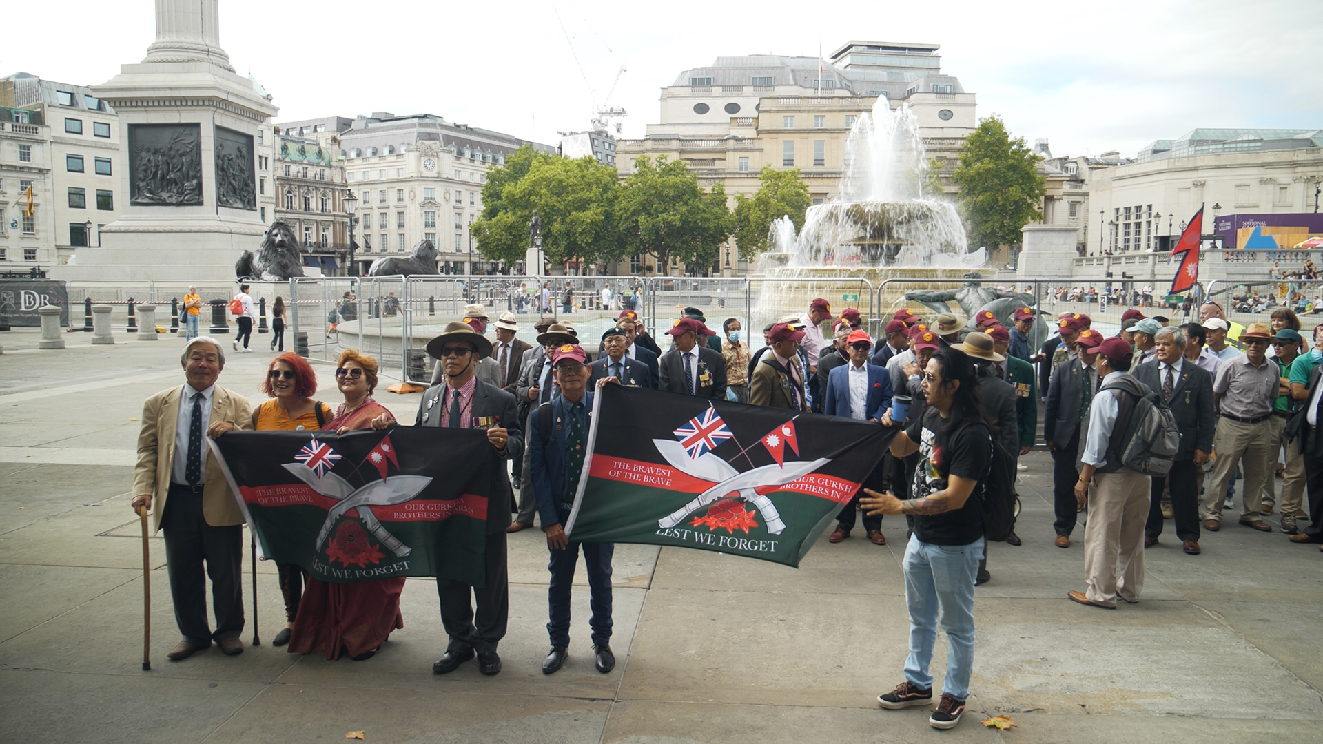 Gurkha pensions rights campaigners at Trafalgar Square as part of a march on Friday 19 August to call for equal benefits to compare with the British counterparts they served with.