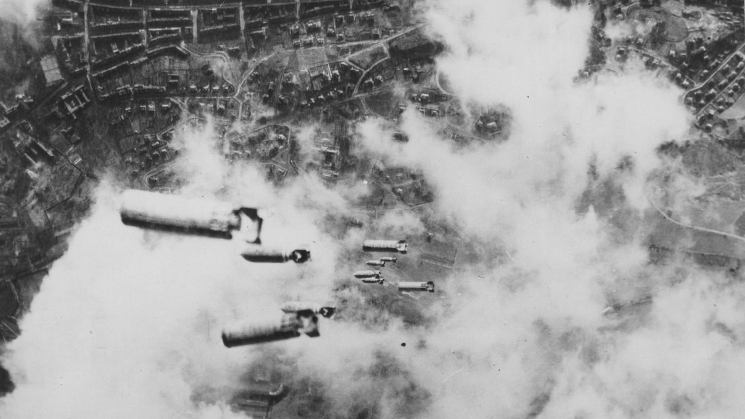 Heavy incendiary bombs, together with explosives, fall toward the city of Dresden, Germany, as US 8th AF heavies attack the Saxony capital following the RAF night attacks CREDIT National Archive and Records Administration