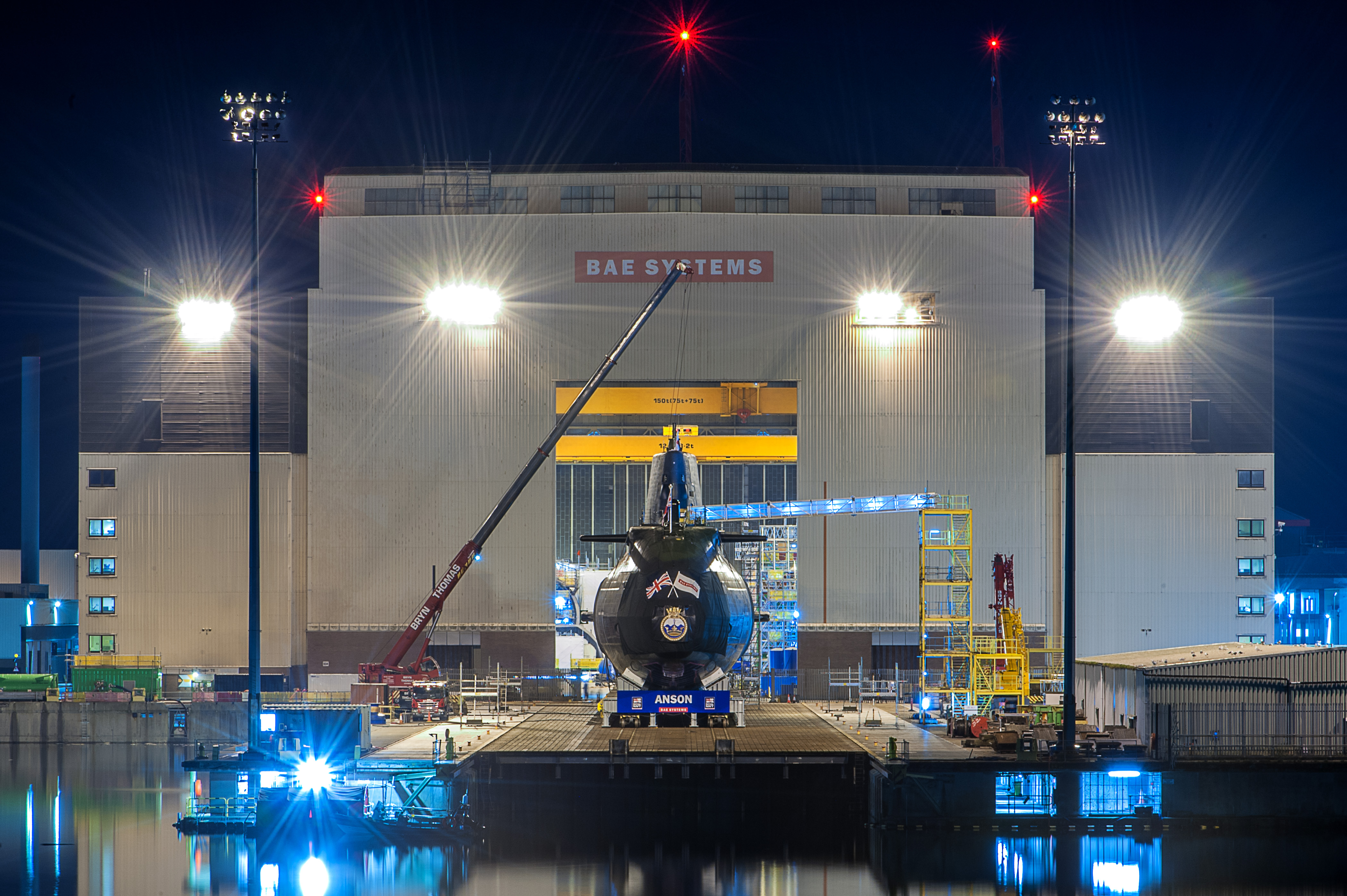 HMS Anson, the fifth Astute class attack submarine, being launched at BAE Systems' site in Barrow-in-Furnes