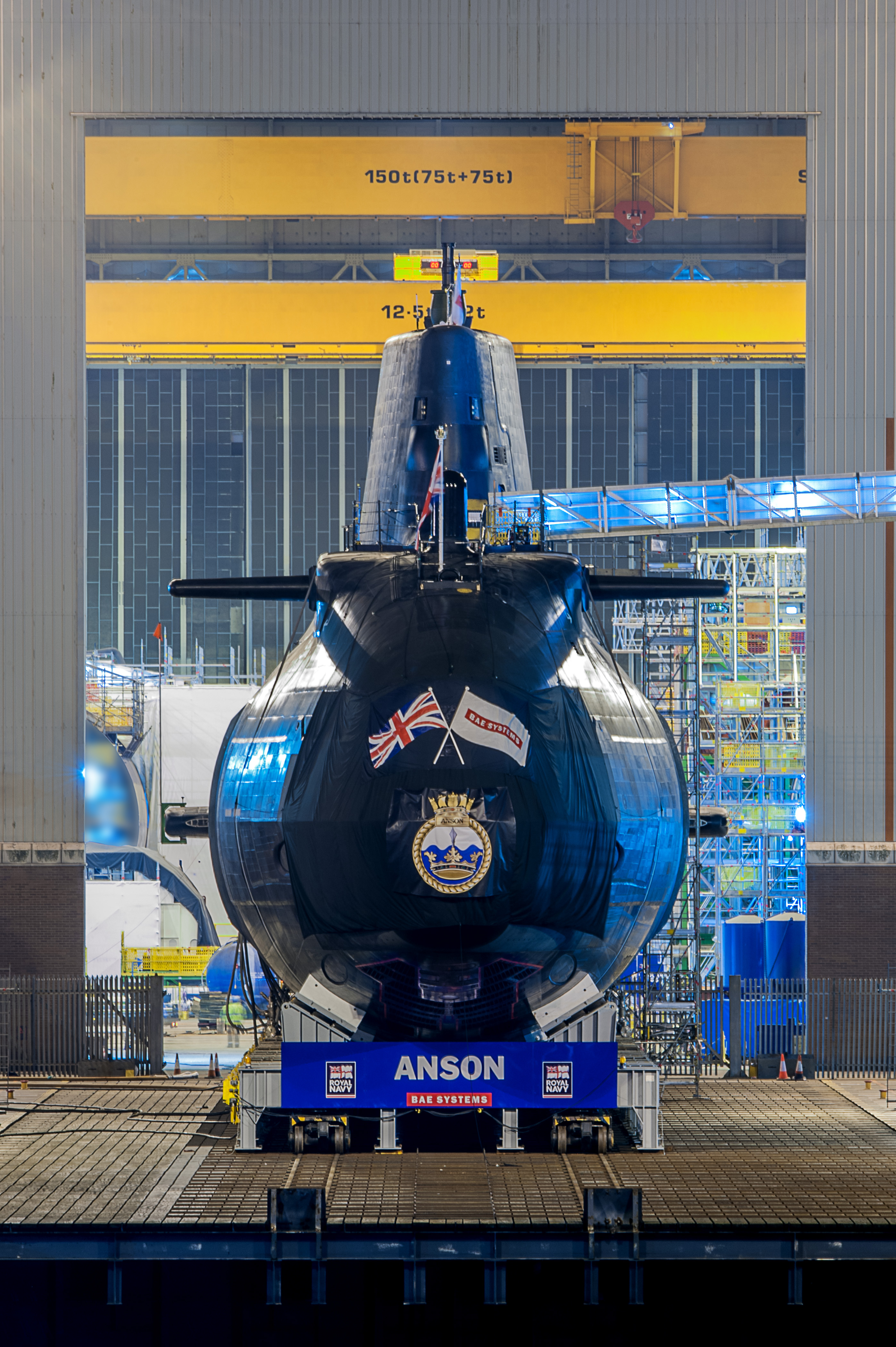 	HMS Anson, the fifth Astute class attack submarine, being launched at BAE Systems' site in Barrow-in-Furness