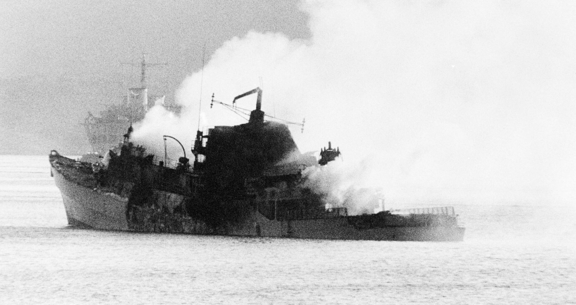 HMS Antelope shortly before sinking in San Carlos Bay (Picture: Royal Navy).