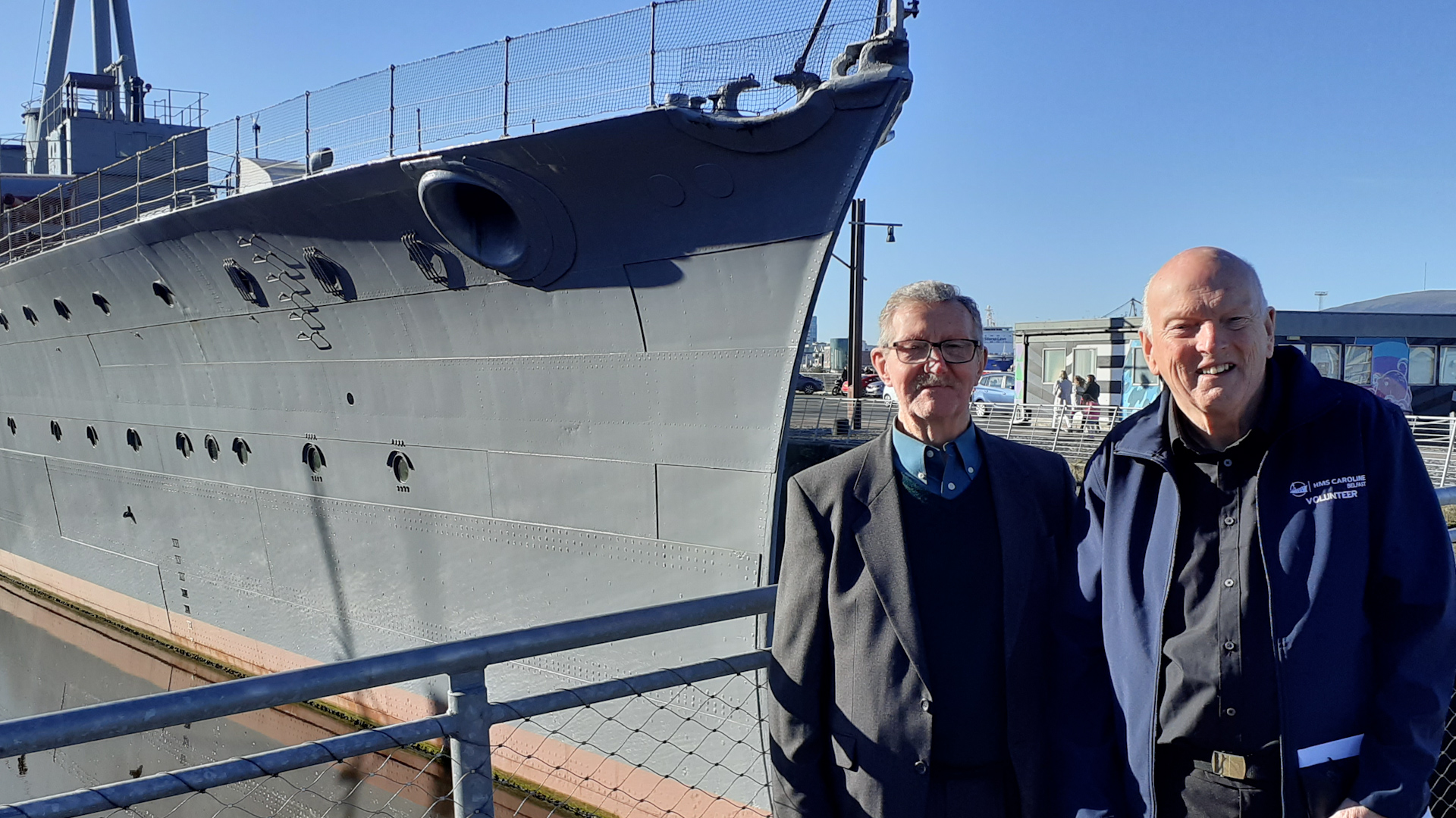 HMS Caroline Triple Christening grandfathers, Billy McConkey and John Taylor 221023 CREDIT PA
