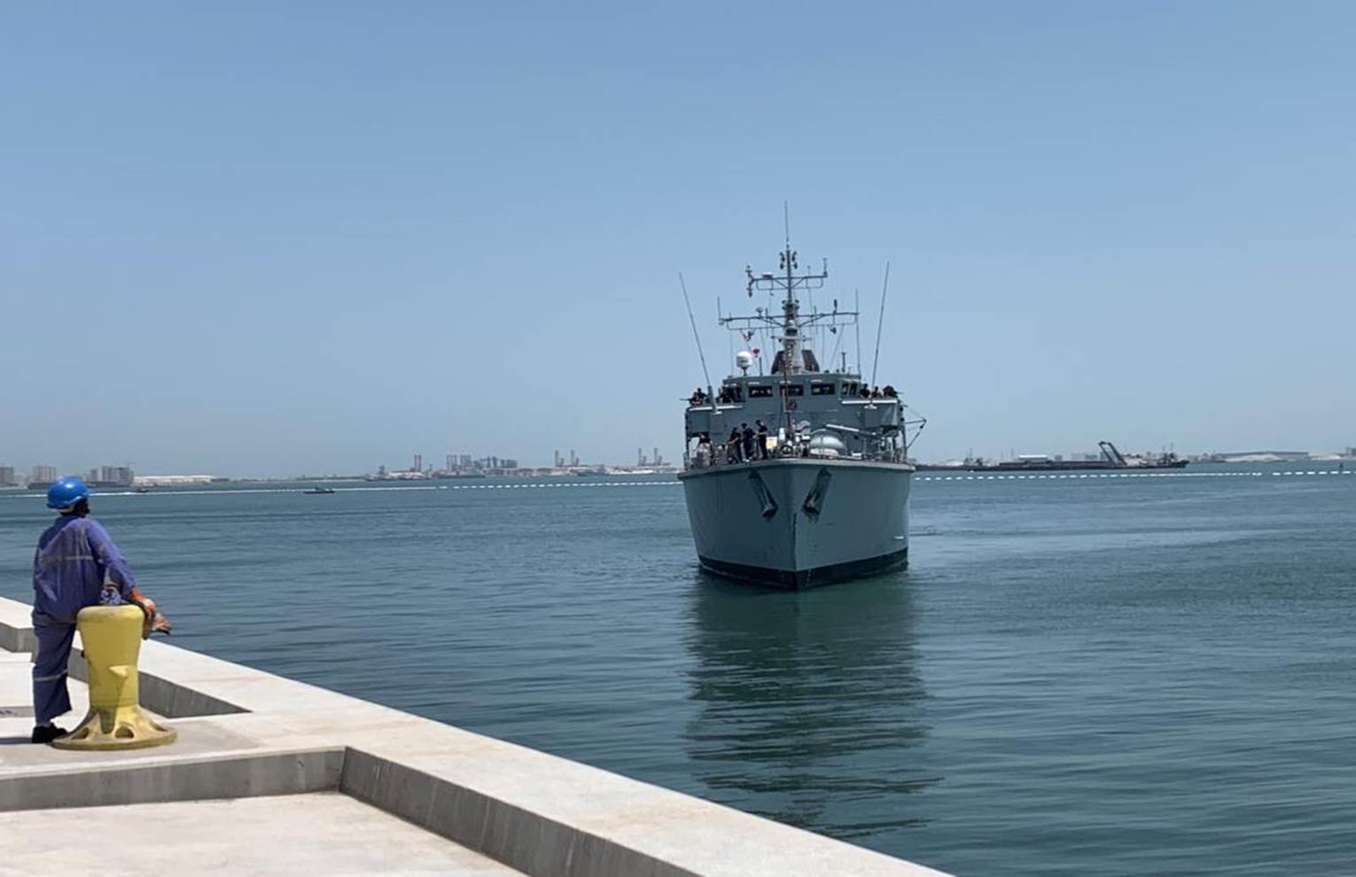 HMS Chiddingfold arriving in the Gulf, where it will spend three years working on minehunting and maritime security