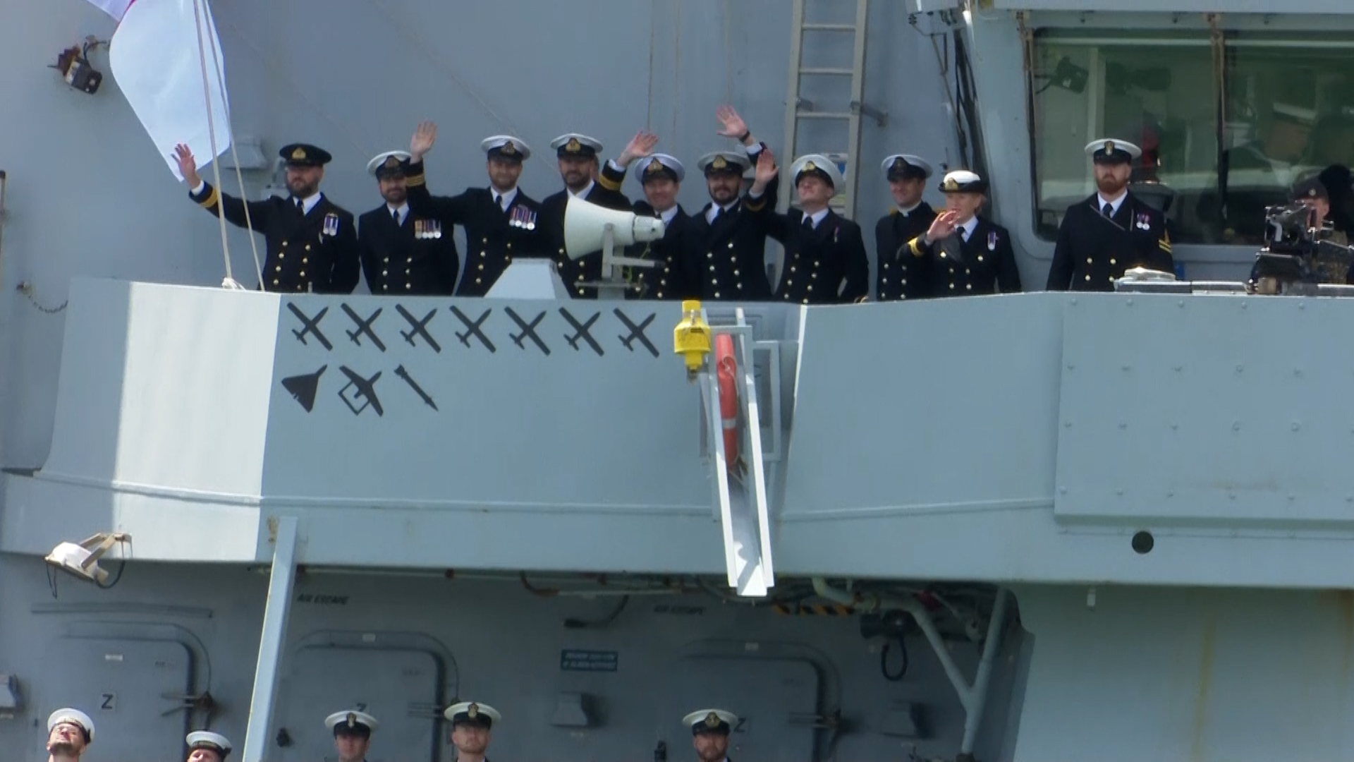 HMS Diamond kill marks visible as she returns to Portsmouth Harbour 070724 CREDIT BFBS