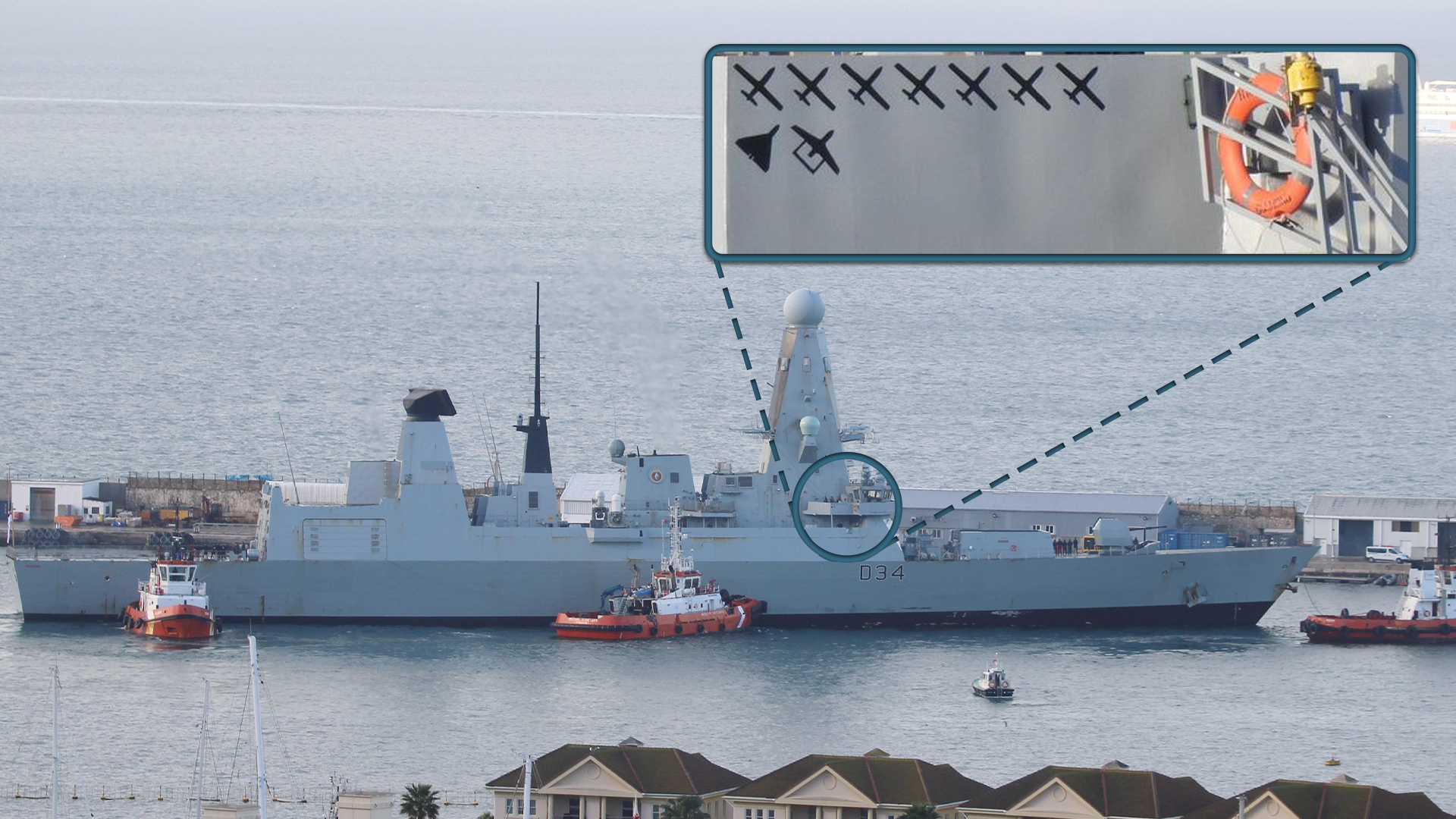HMS Diamond was spotted in Gibraltar with silhouettes of downed drones 12022024 CREDIT Picture Michael J Sanchez