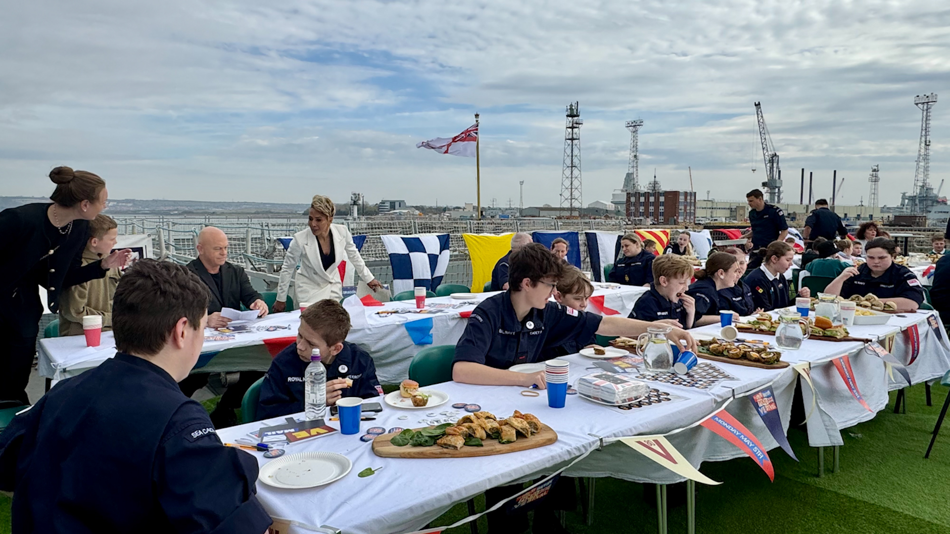 A VE Day 80 street party held on the flight deck of HMS Duncan
