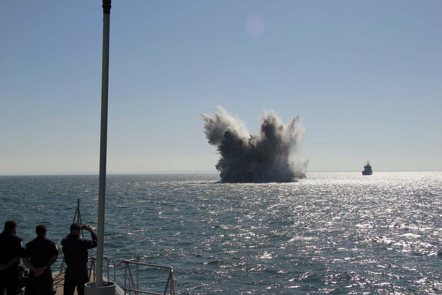 Cover image: HMS Grimsby detonates a mine (Picture: Royal Navy).