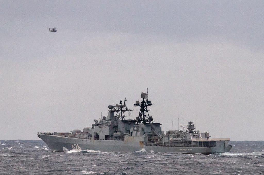 HMS Northumberland’s Merlin helicopter monitors Russian destroyer Vice-Admiral Kulakov from the sky (Pircture: MOD).