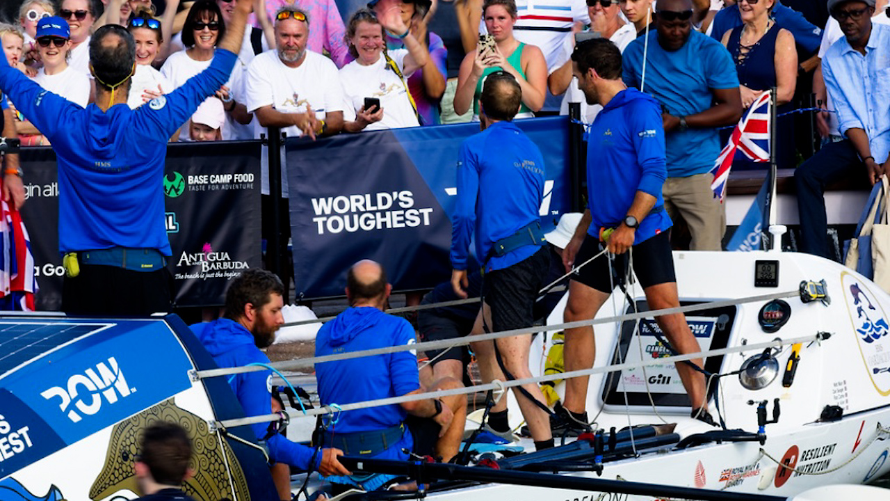 HMS Oardacious crew of Rob Clarke, Daniel Seager, Mike Forrester, lan Allen and Matthew Main were the first team to cross the finishing line in Nelson's Dockyard (Picture: Alligin UK).