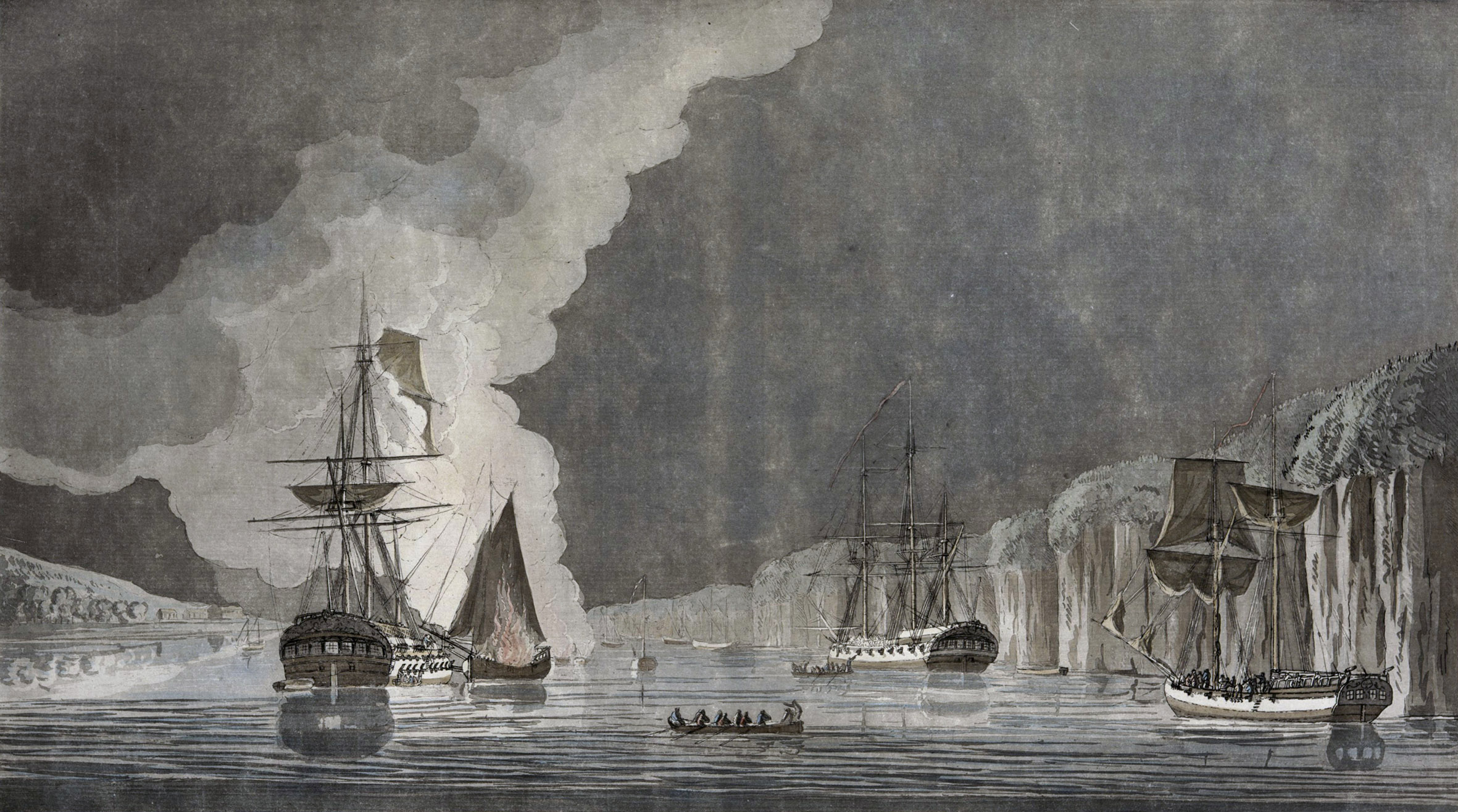 A contemporary engraving of HMS Phoenix and HMS Rose engaged by enemy fireships on the Hudson in August 1776 (Picture: New York Public Library/Royal Navy).