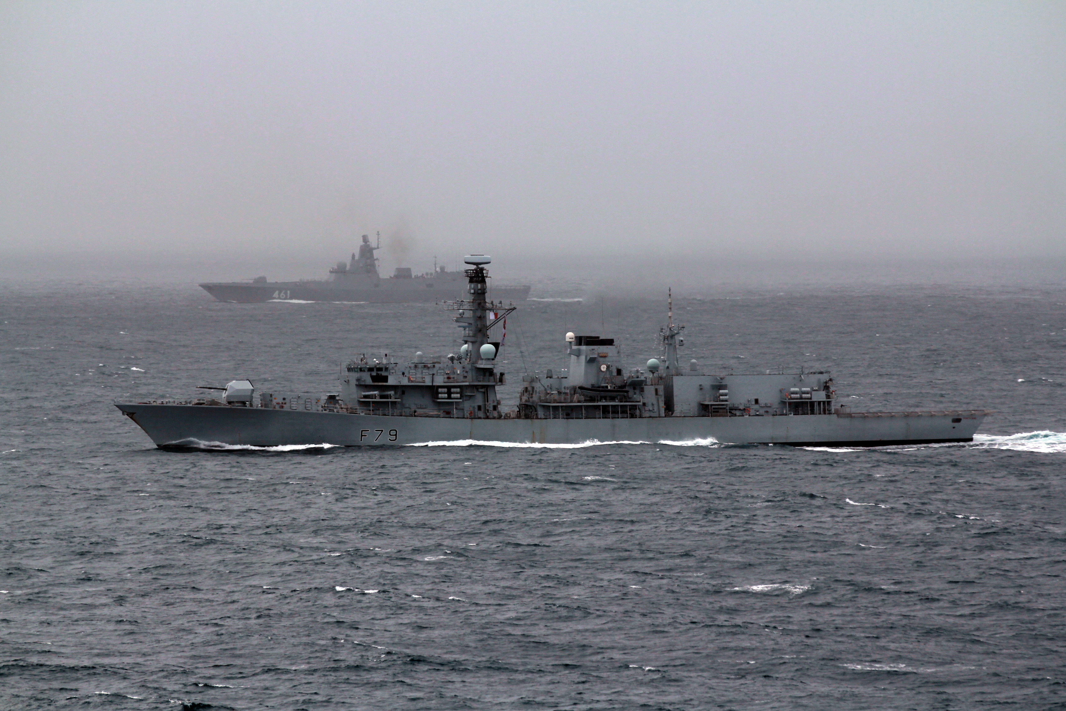 HMS Portland in the foreground and the Russian frigate in the background (Picture: Royal Navy).