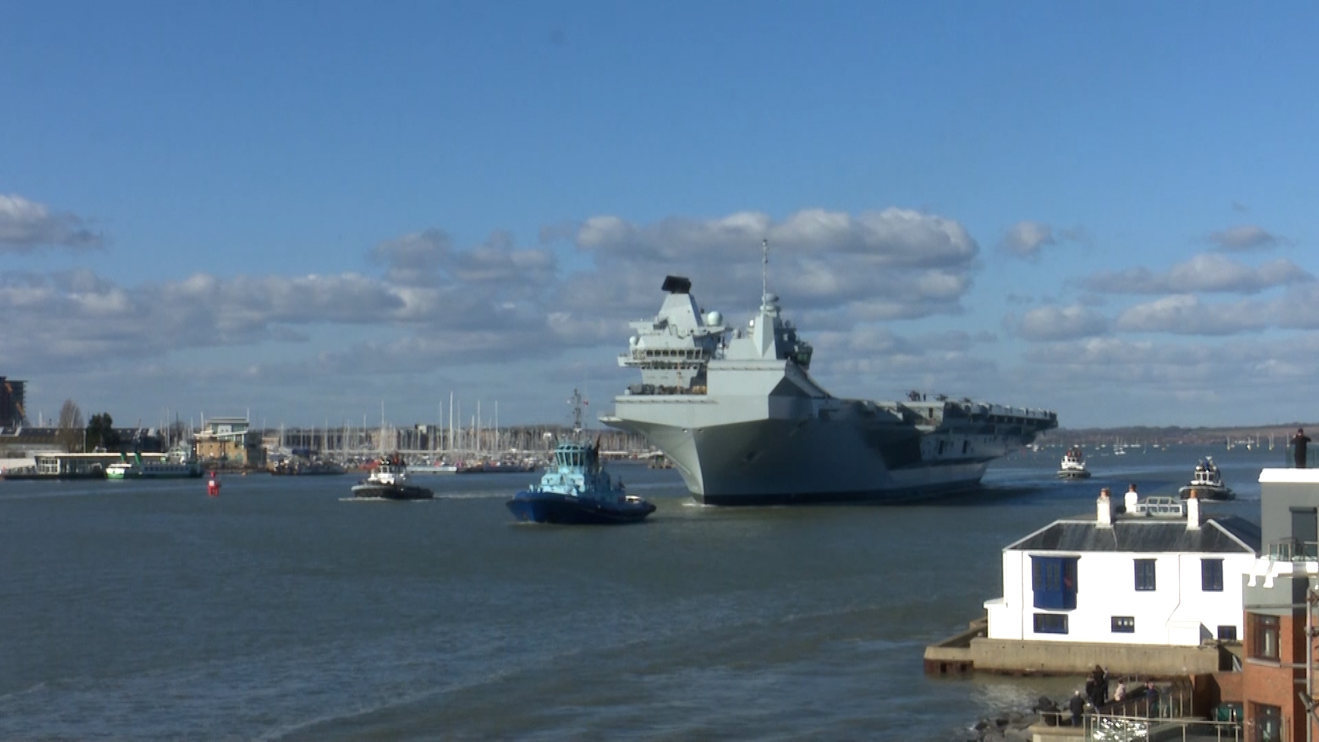 HMS Prince of Wales leaving Portsmouth for Exercise Steadfast Defender 120224 CREDIT BFBS