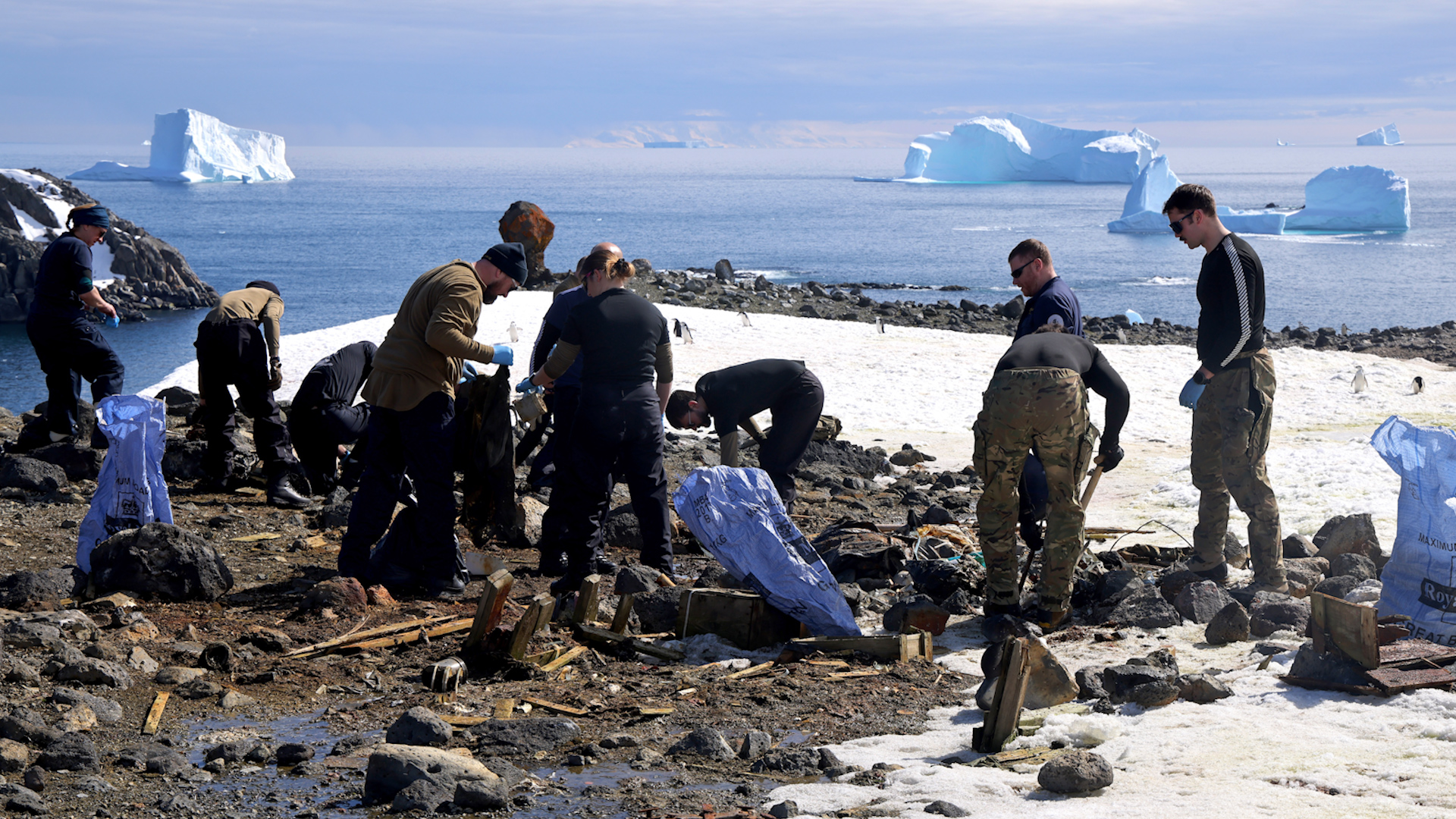 HMS Protector Ship's company rubbish clear Brabant Island 070224 CREDIT ROYAL NAVY