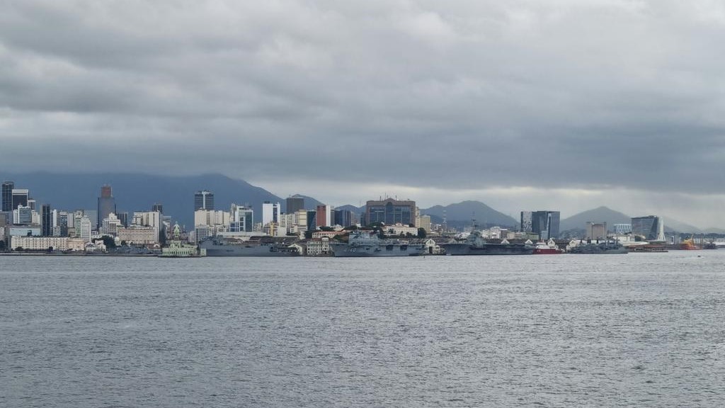 HMS Protector sails past ex-HMS Ocean PMH Atlantico in Brazil fuel stop 01112021 Credit HMS Protector Twitter