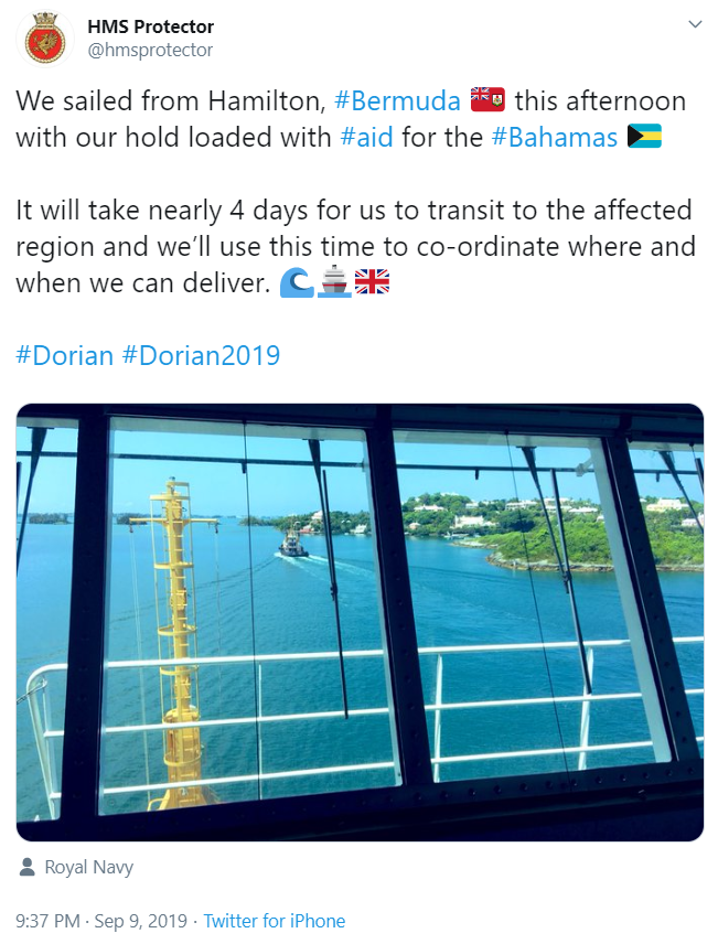 HMS Protector tweet on Hurricane Dorian 090919 CREDIT Twitter