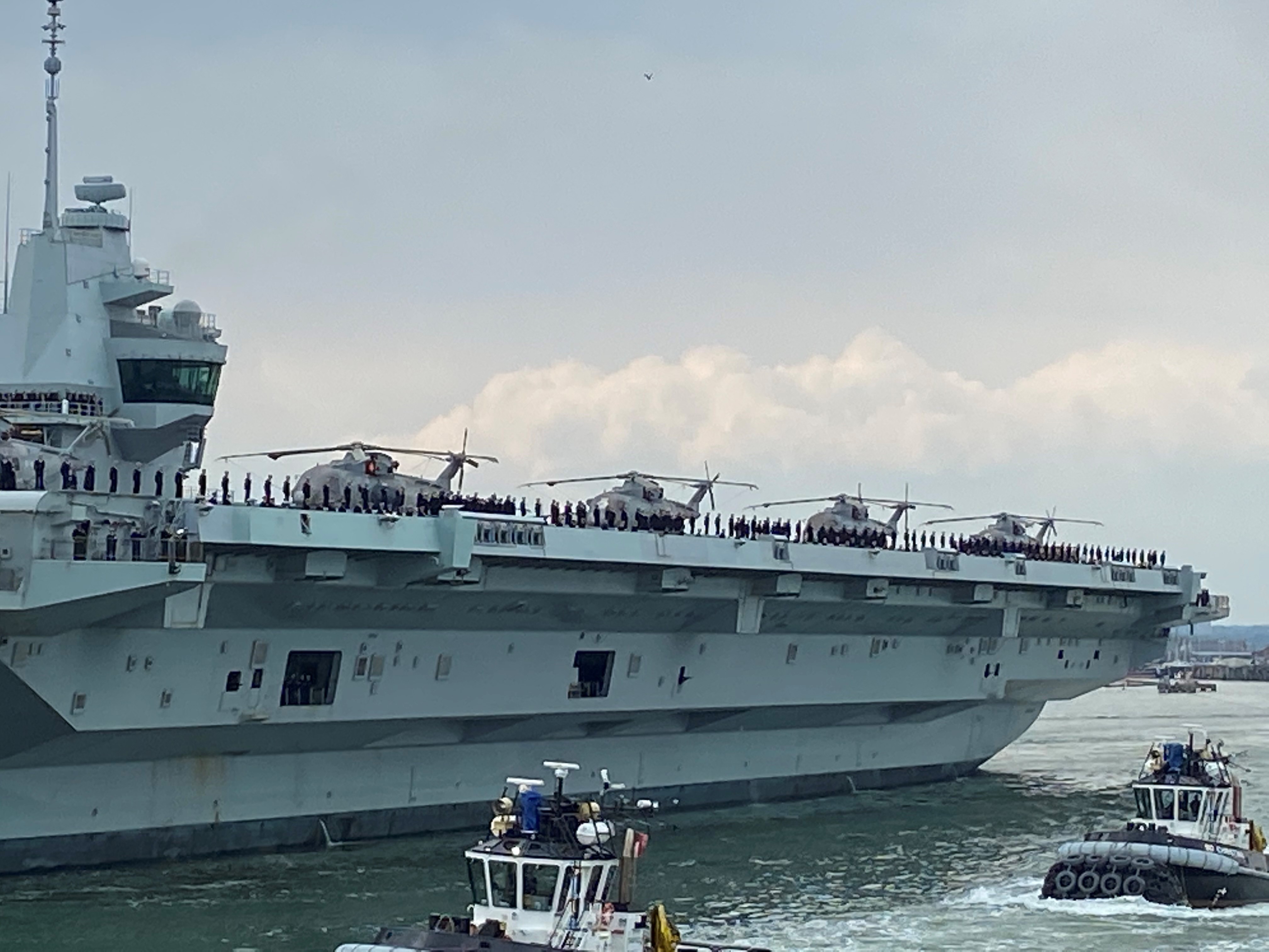 HMS Queen Elizabeth departs Portsmouth for her maiden deployment.