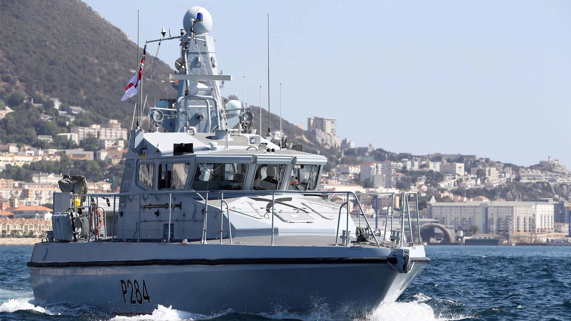 HMS Scimitar escorts HMS Darlington in Gibraltar in 2016 CREDIT ROYAL NAVY