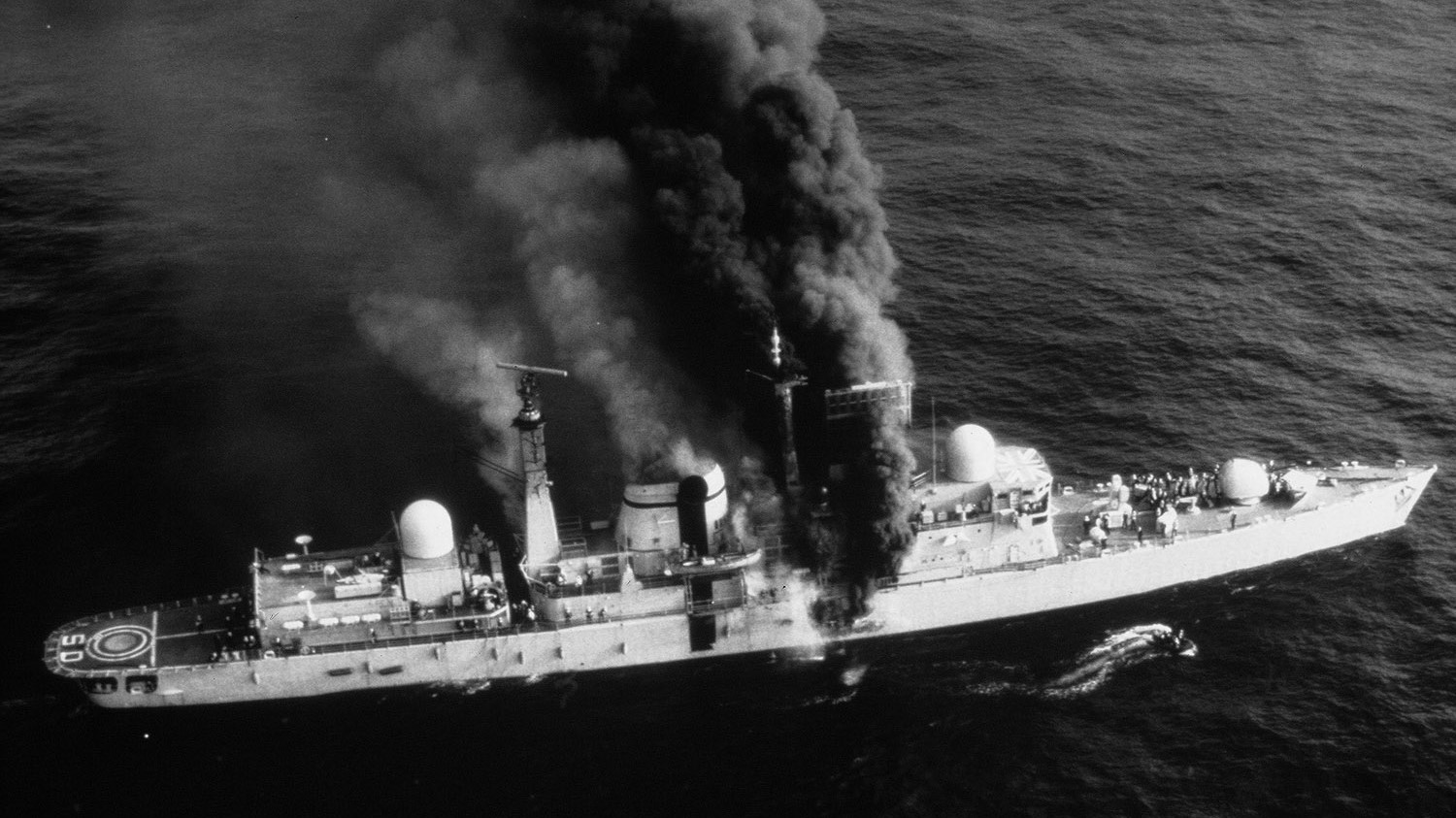 HMS Sheffield burns fiercely in the aftermath of the missile strike 04051982 CREDIT Navy MOD.jpg
