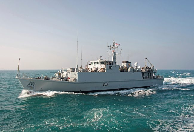 HMS Shoreham, a Sandown-class minehunter, off the coast of Bahrain whilst deployed on Op KIPION