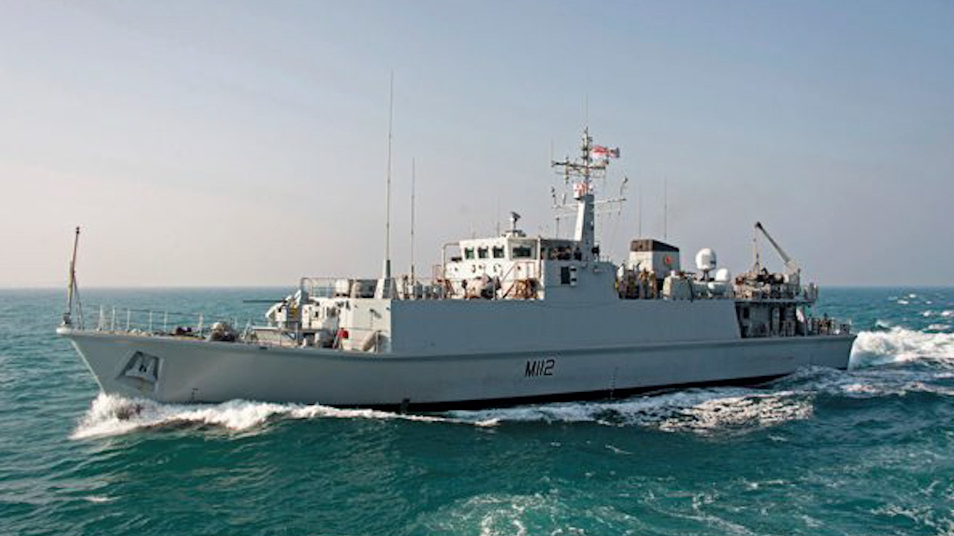 HMS Shoreham, a Sandown-class minehunter, off the coast of Bahrain whilst deployed on Op Kipion (Picture: MOD).