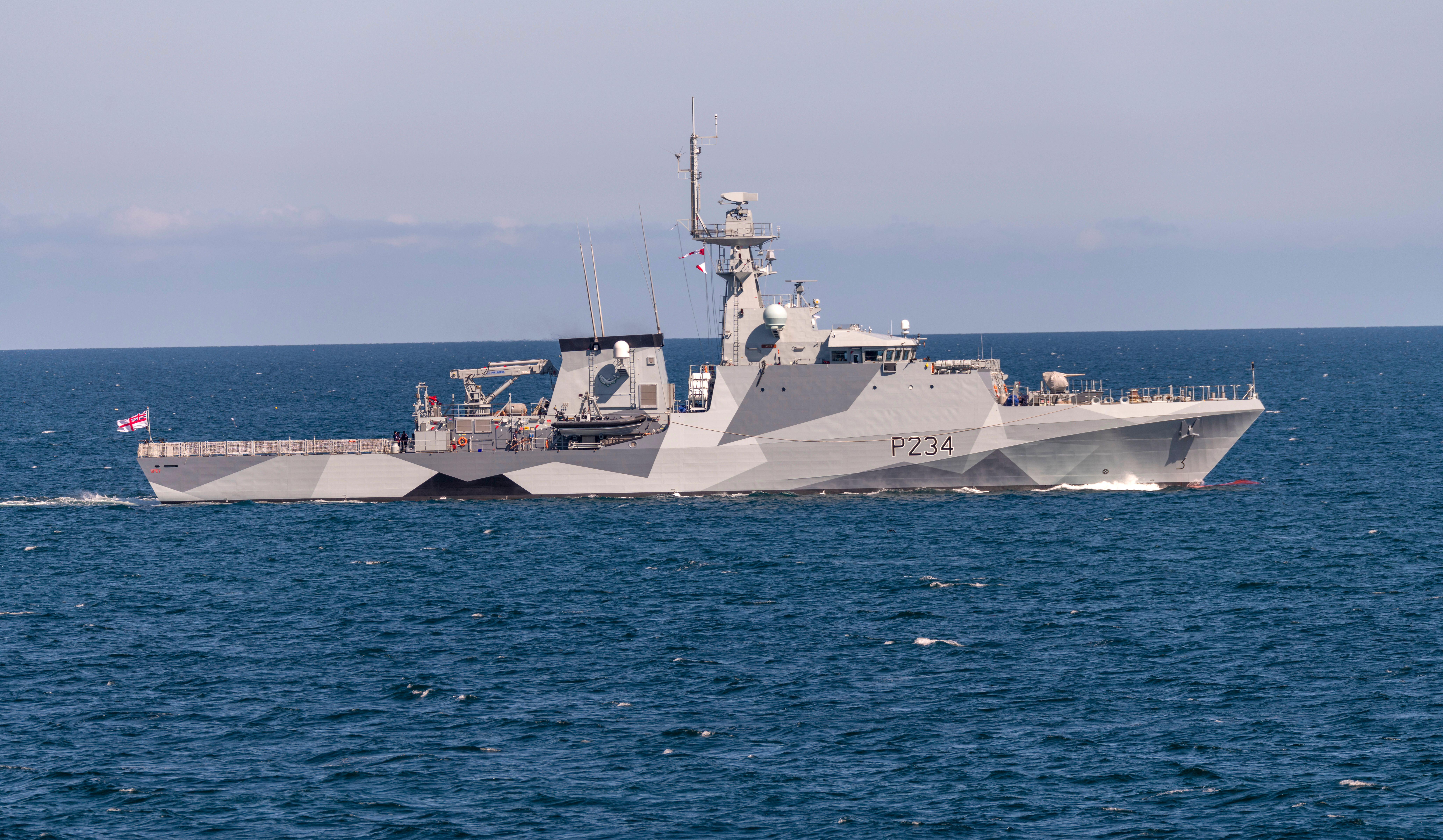 HMS Spey leaving Falmouth Harbour with dazzle paintwork 