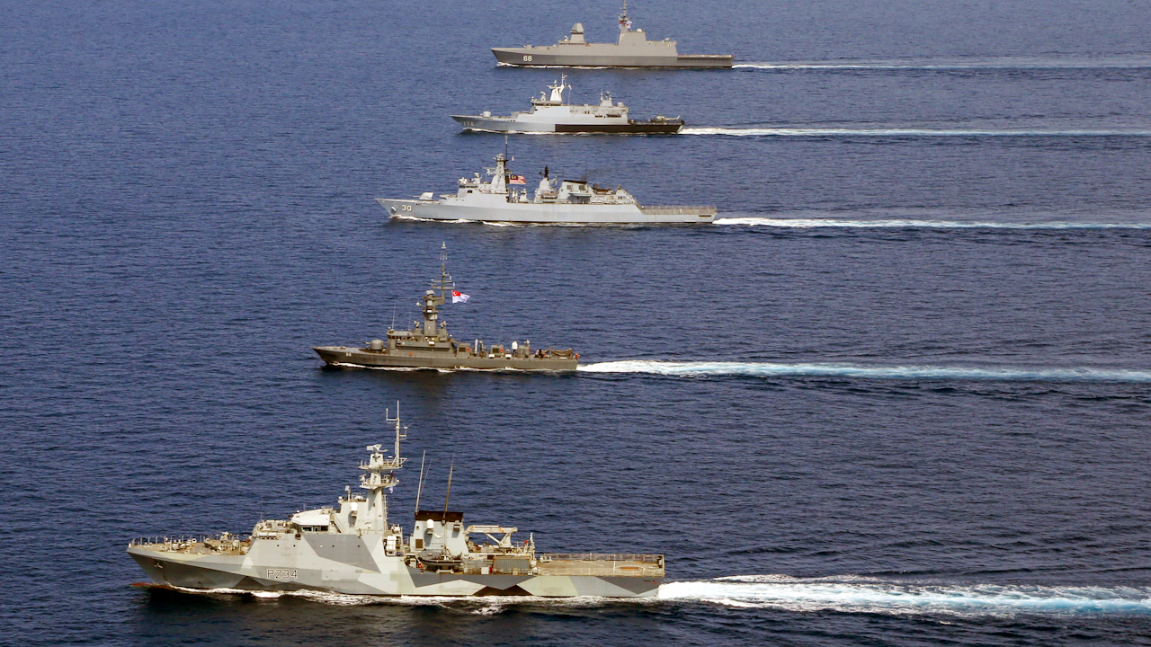 HMS Spey pictured with Singaporean and Malaysian vessels during Exercise Bersama Lima 24 (Picture: Royal Navy)