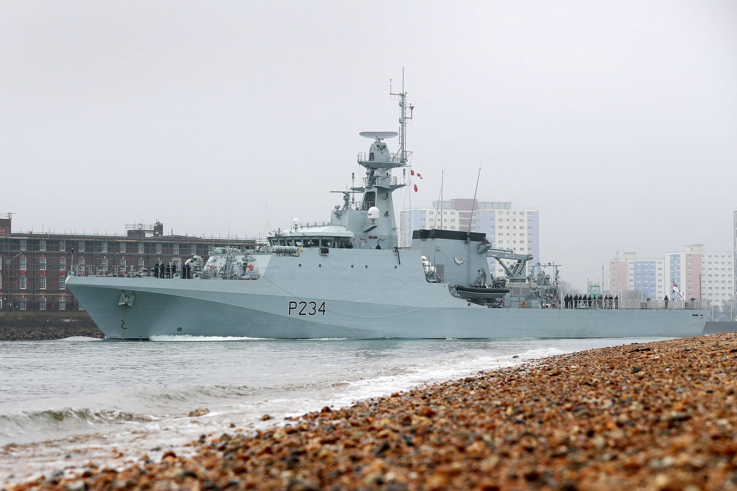 Cover image: HMS Spey passes Fort Blockhouse on her first voyage under the White Ensign (Picture: Royal Navy).