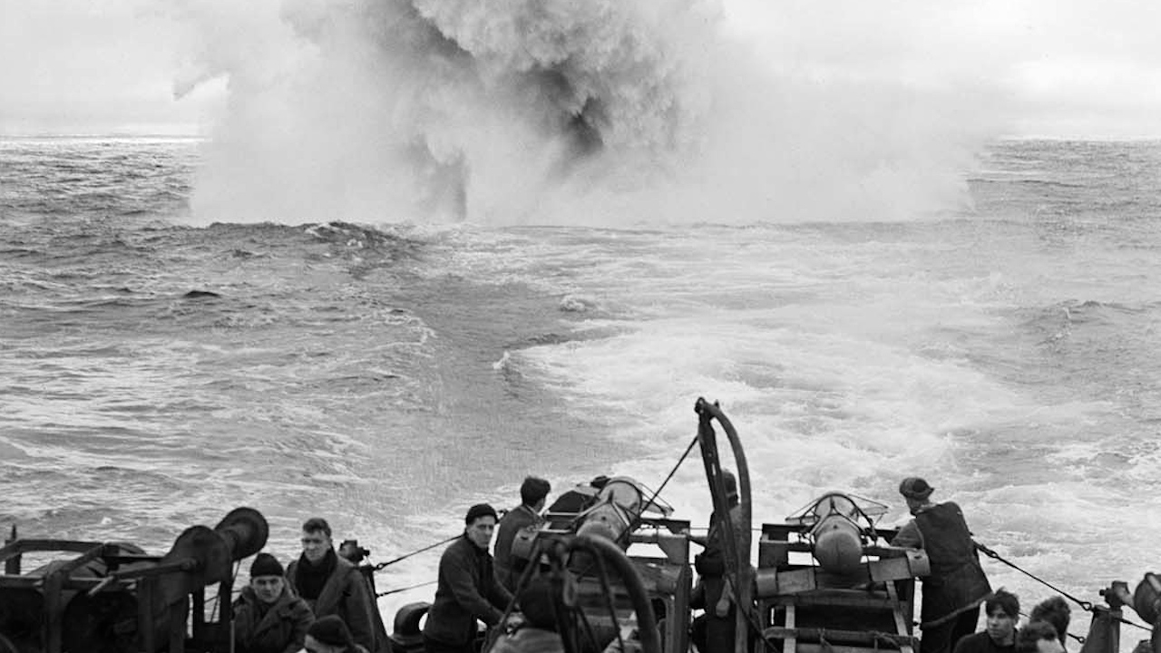 HMS Starling detonating a depth charge in 1944 during the Battle of the Atlantic campaign (Picture: Royal Navy).