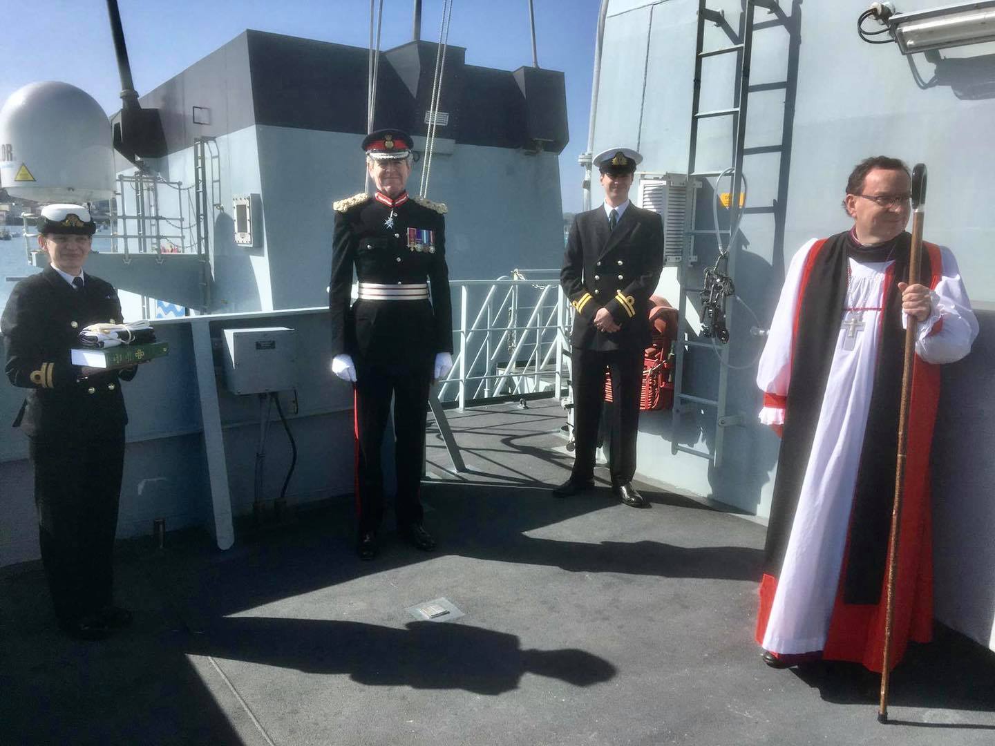 Pictured from L to R: HMS Tamar Executive Officer Lt Lucy Robus, Lord Lieutenant of Cornwall Colonel Edward Bolitho OBE, 1st Lt Thomas Adlam and The Bishop of Truro Rt Rev Philip (HM Naval Base Devonport/Facebook).