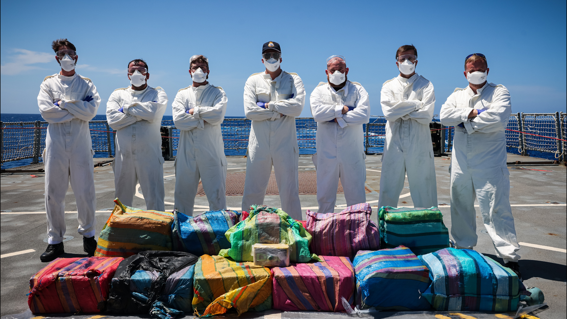 HMS Trent's sailors with £160m of cocaine they seized from a narco-submarine 120924 CREDIT Royal Navy